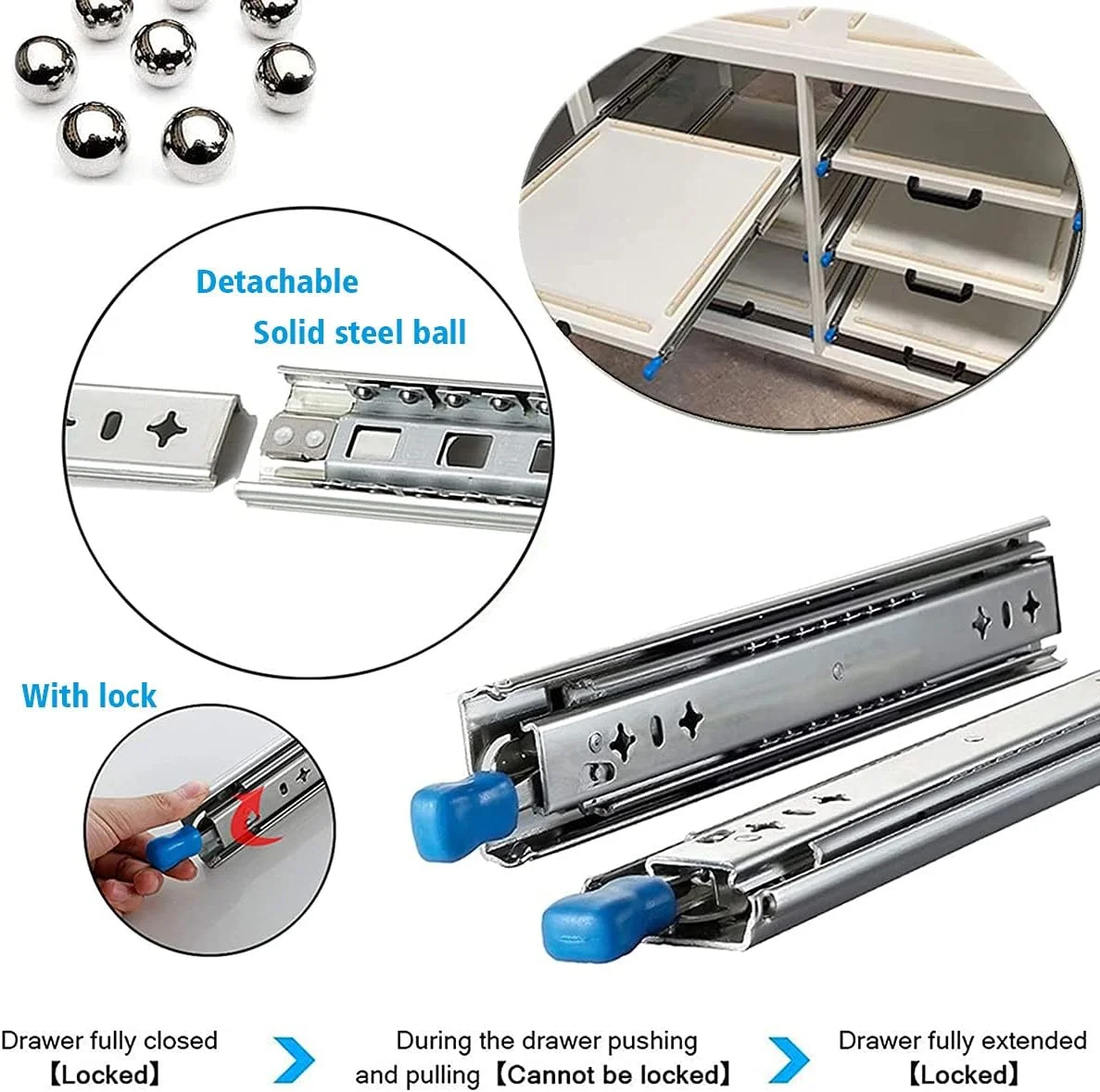 ریل کشویی سنگین GZDZHP با قفل، سایز 10-60 اینچ، ریل های کشویی با قابلیت باز شدن کامل، نصب جانبی، ظرفیت باربری 264 پوند، 1 جفت، 30 اینچ (1350 میلی متر)