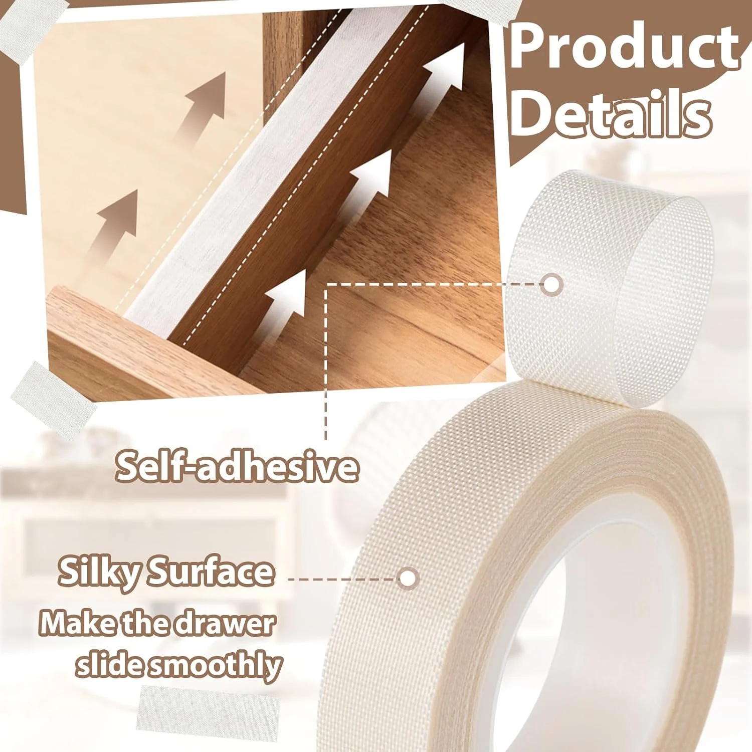 نوار لغزنده کشو فریندا، 3 رول، 0.5 اینچ، 0.75 اینچ، 1 اینچ × 33 فوت، نوار اصطکاک کم، نوار لغزنده پرده، کاهش اصطکاک و صدا برای پوشش سطوح لغزنده برای مبلمان کشو، کابینت پرده، 5 میل