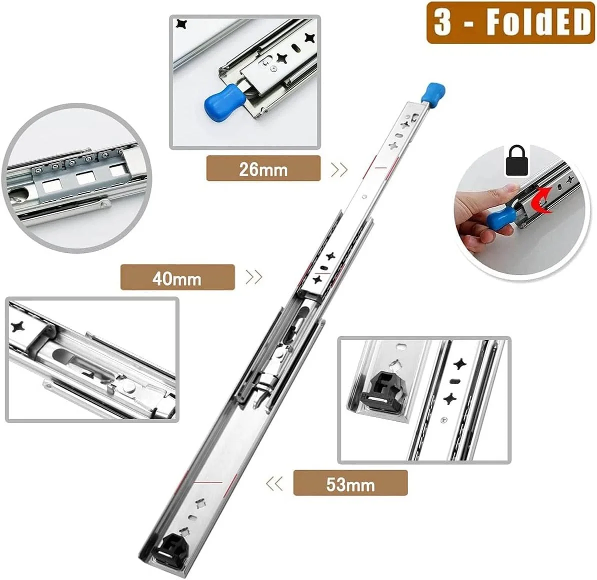 2 جفت ریل کشویی با بازشوندگی کامل، ریل های تلسکوپی قفل دار، ظرفیت بار سنگین 120 کیلوگرم، نصب جانبی، رنگی