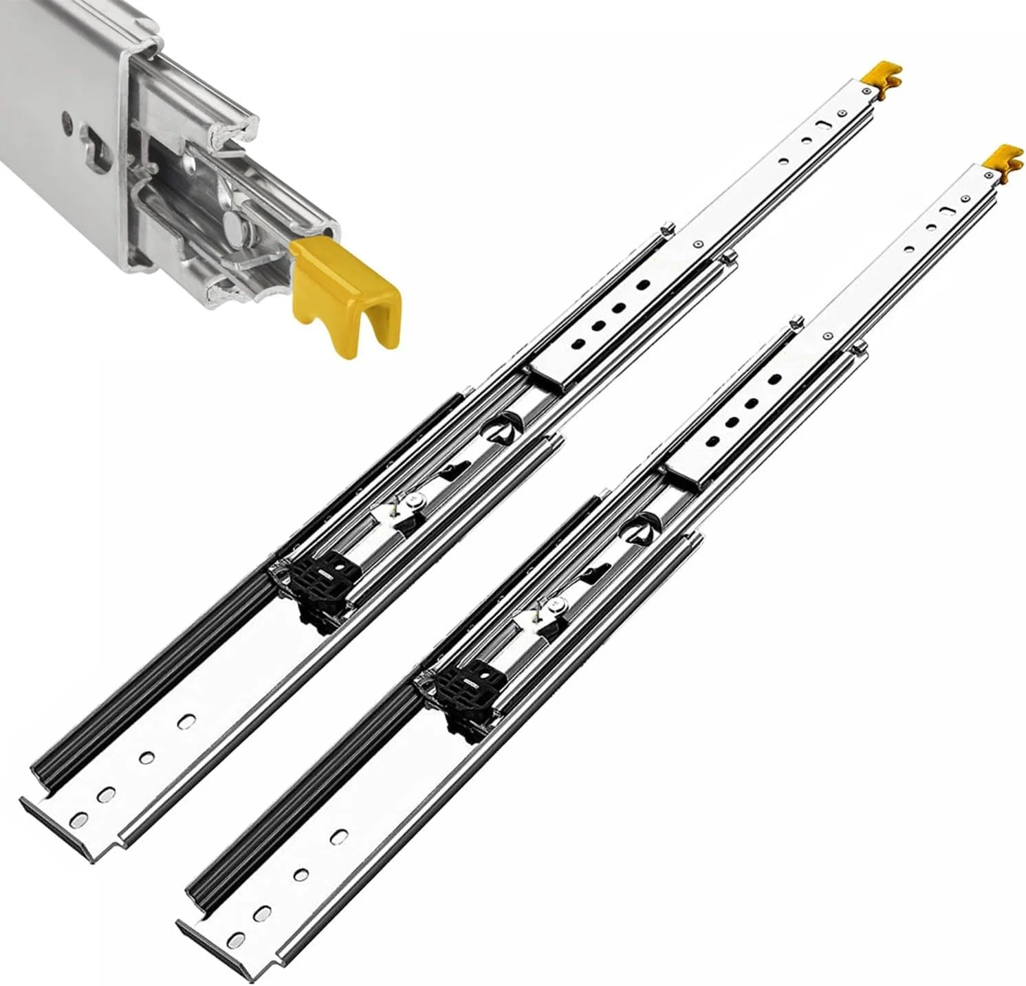 ریل کشویی سنگین با قفل، ریل های بلبرینگ با قابلیت باز شدن کامل، مناسب برای کشو، موجود در اندازه های 40، 42، 44، 46، 48، 50، 52، 54، 56، 58، 60، 64، 68، 72، 76، 80 اینچ (1800 میلی متر (72 اینچ))