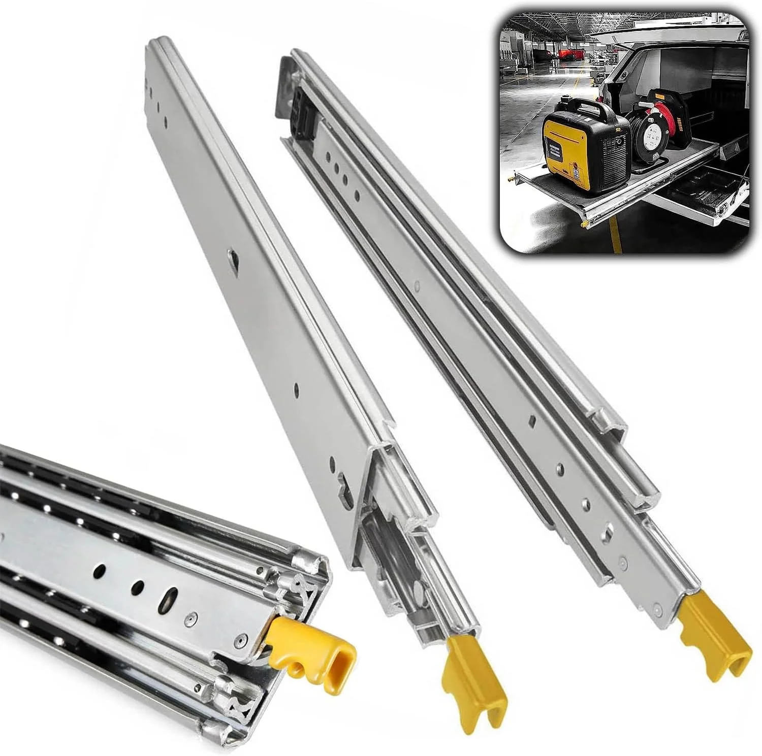 ریل کشویی سنگین وزن با قابلیت باز شدن کامل، نصب جانبی، 40-80 اینچ، سه تکه بلبرینگ دار با قفل دوبل، نصب جانبی 1 جفت، ظرفیت تحمل بار 200 کیلوگرم (1100MM(44 اینچ))