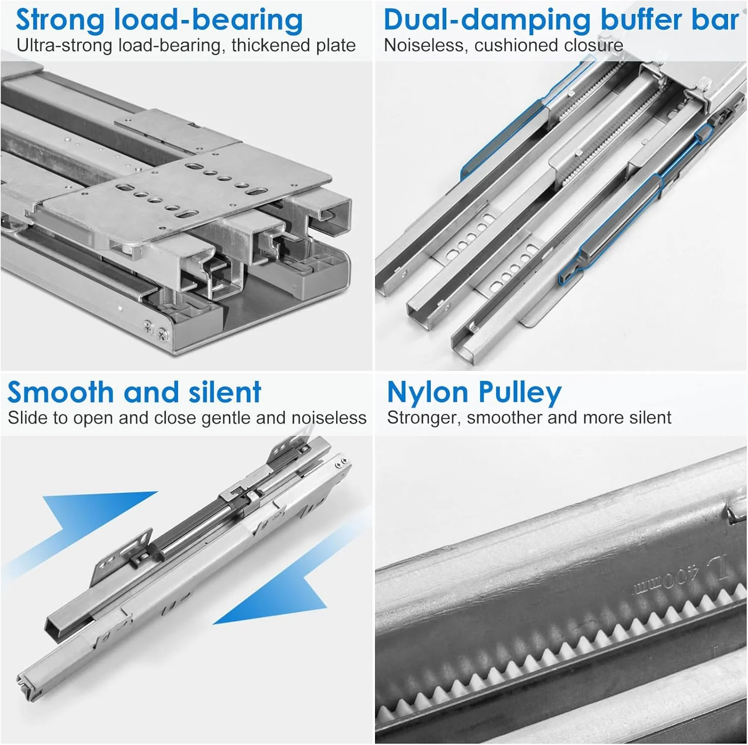 یک جفت ریل کشو با باز شدن کامل، ریل کشو فلزی با مکانیزم آرام بند برای نصب در قسمت زیرین کابینت، ریل های کشو سنگین با ظرفیت 60 کیلوگرم، برای کابینت، کمد لباس، میز، دراور، یخچال شراب (45 سانتی متر)