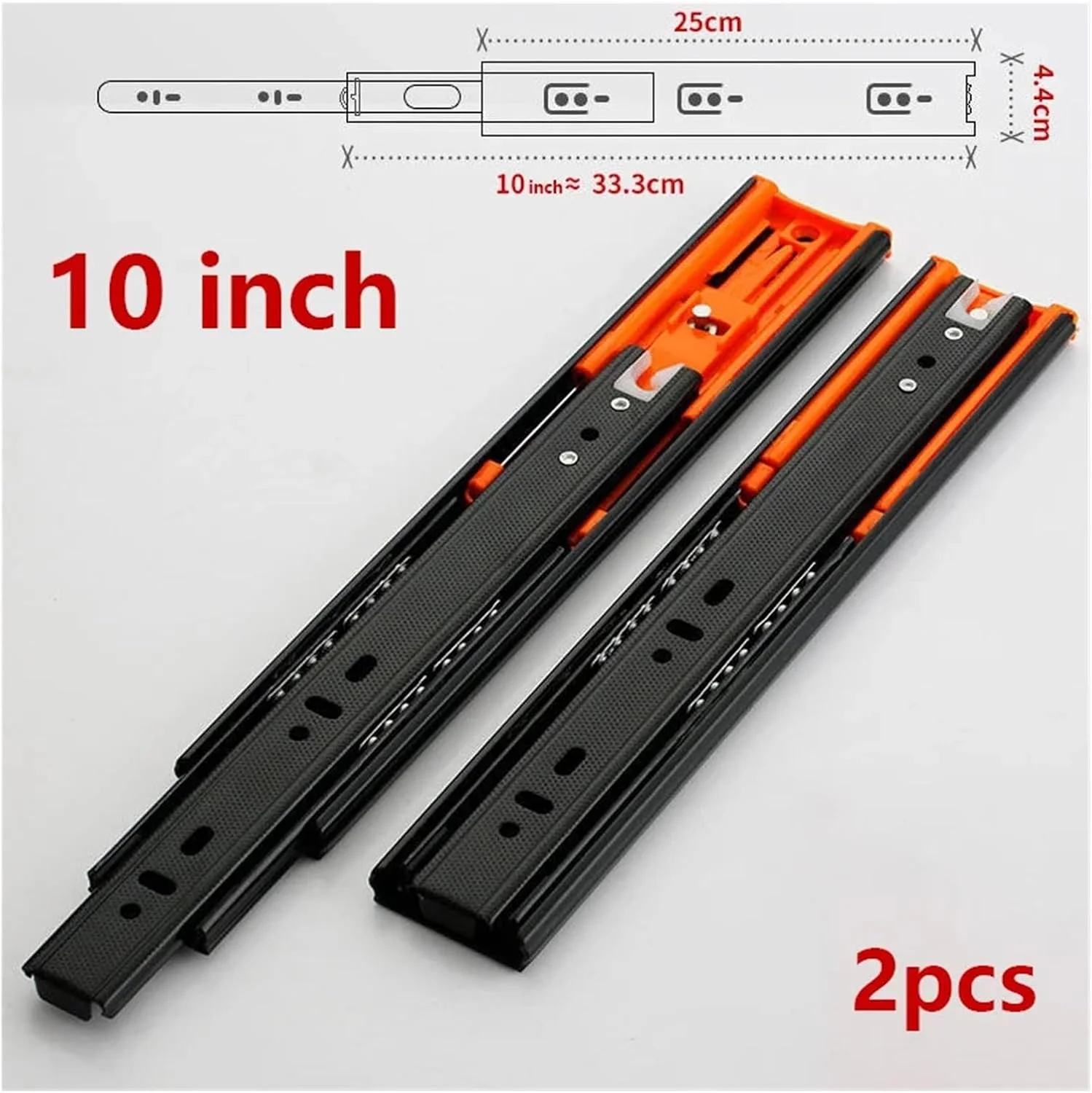 دو عدد ریل کشو آرام بند 25 سانتی متری با باز شدن کامل، بلبرینگ دار، خودکار بسته شو، راهنمای ریل کابینت، مناسب کمد و دراور، نصب جانبی، فولاد نورد سرد 30 سانتی متری