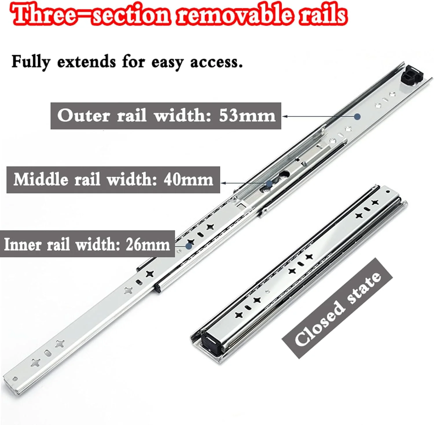 ریل های افزایش طول میز، ریل افزایش طول کامل میز، ریل های کشو با مکانیزم بسته شدن نرم و پنهان، نصب جانبی، عملکرد روان، مناسب برای میزهای رویدادها، جشنواره ها و شام (یک جفت)