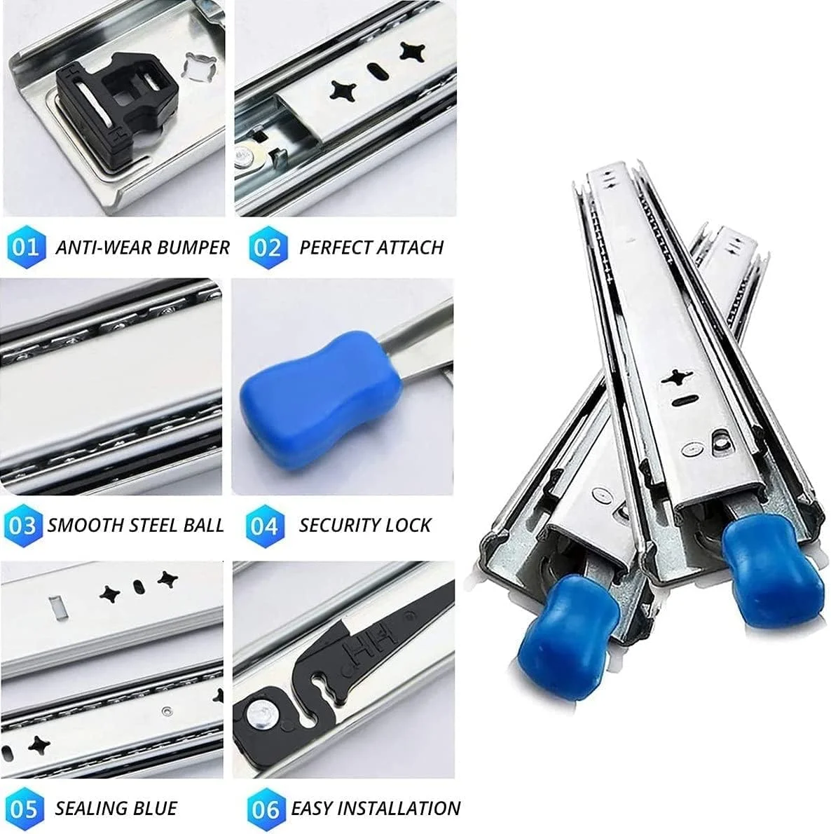 ریل کشویی با بازشوندگی کامل، بلبرینگ قفل‌دار، سایزهای 40، 42، 44، 46، 48، 50، 52، 54، 56، 58، 60 اینچ، ریل‌های کشویی سنگین و بی‌صدا (یک جفت)، رنگی (چند رنگ)