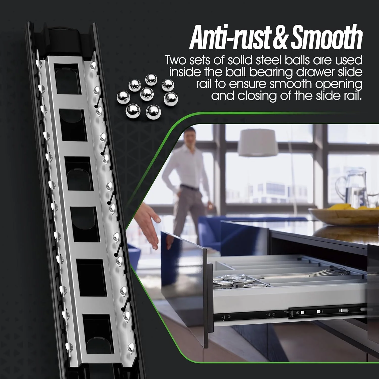 یک جفت ریل کشو ساچمه ای با باز شدن کامل، سایزهای 30، 35، 40 و 45 سانتی متر، ظرفیت بار 45 کیلوگرم، نصب جانبی، مناسب برای فایل کابینت، کمد، ریل فلزی سطل زباله و آشپزخانه (275 میلی متر، مشکی)