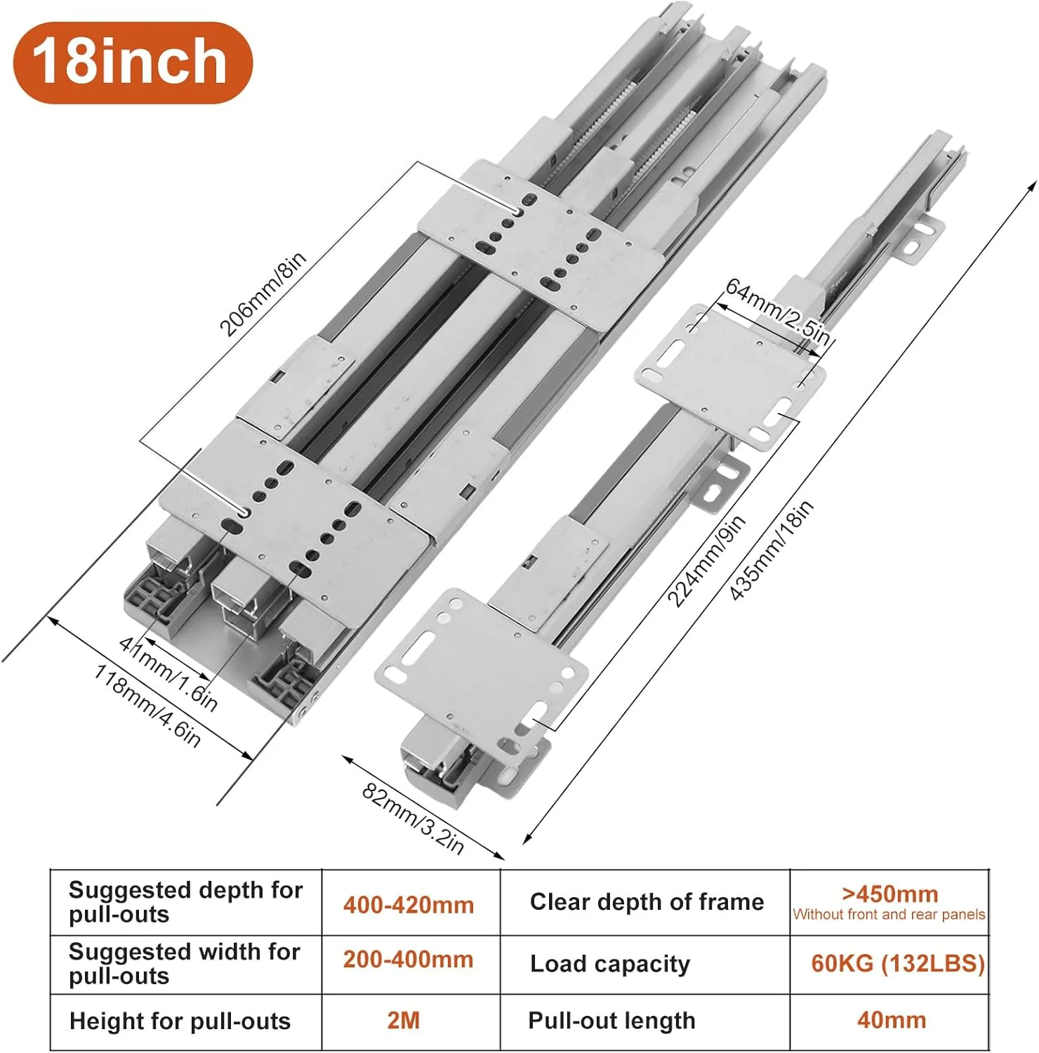 یک جفت ریل کشو با باز شدن کامل، ریل کشو فلزی با مکانیزم آرام بند برای نصب در قسمت زیرین کابینت، ریل های کشو سنگین با ظرفیت 60 کیلوگرم، برای کابینت، کمد لباس، میز، دراور، یخچال شراب (45 سانتی متر)