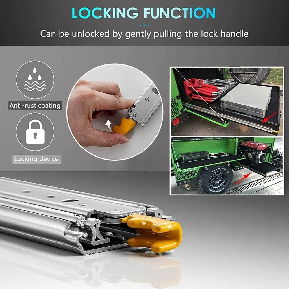 یک جفت ریل کشویی سنگین با قفل، ریل قفل‌دار صنعتی بلبرینگ با بازشوندگی کامل، سایزهای 40 42 44 46 48 50 52 54 56 58 60 64 68 72 76 80 اینچ با ظرفیت بارگیری 450 پوند (1800MM(72 اینچ))