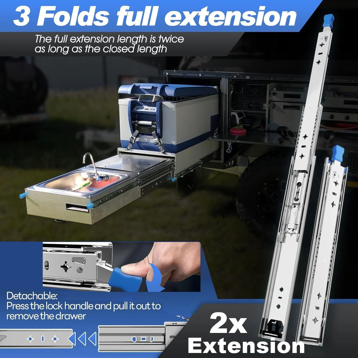 ریل کشو قفل دار سنگین 24 اینچ، ریل کشو قفل دار سه تایی با قابلیت باز شدن کامل، ظرفیت بار 250 پوند، نصب جانبی، بلبرینگ صنعتی قفل دار، 1 جفت (عرض: 53 میلی متر، 24 اینچ)