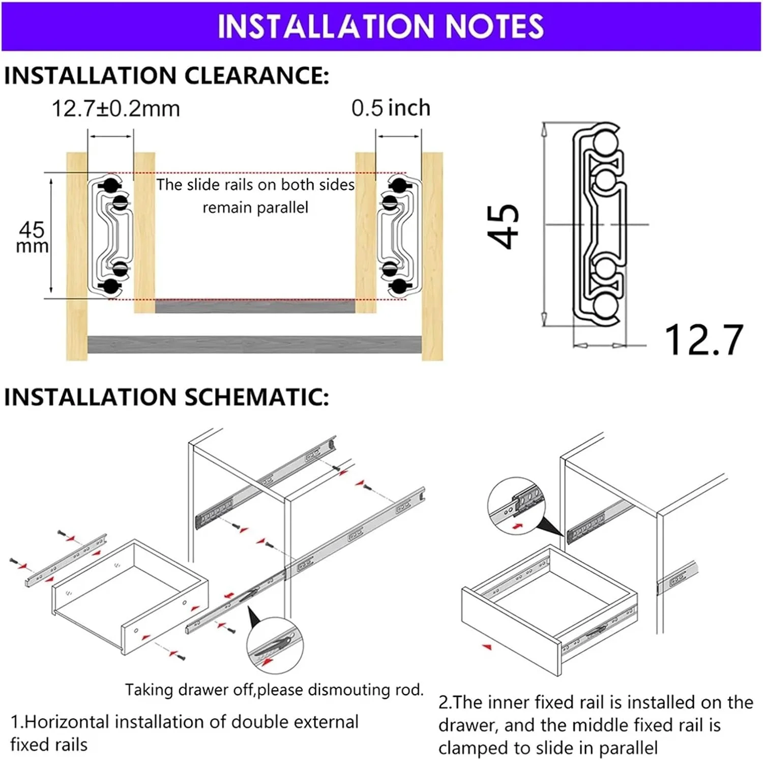 دو عدد ریل کشو آرام بند 25 سانتی متری با باز شدن کامل، بلبرینگ دار، خودکار بسته شو، راهنمای ریل کابینت، مناسب کمد و دراور، نصب جانبی، فولاد نورد سرد 30 سانتی متری