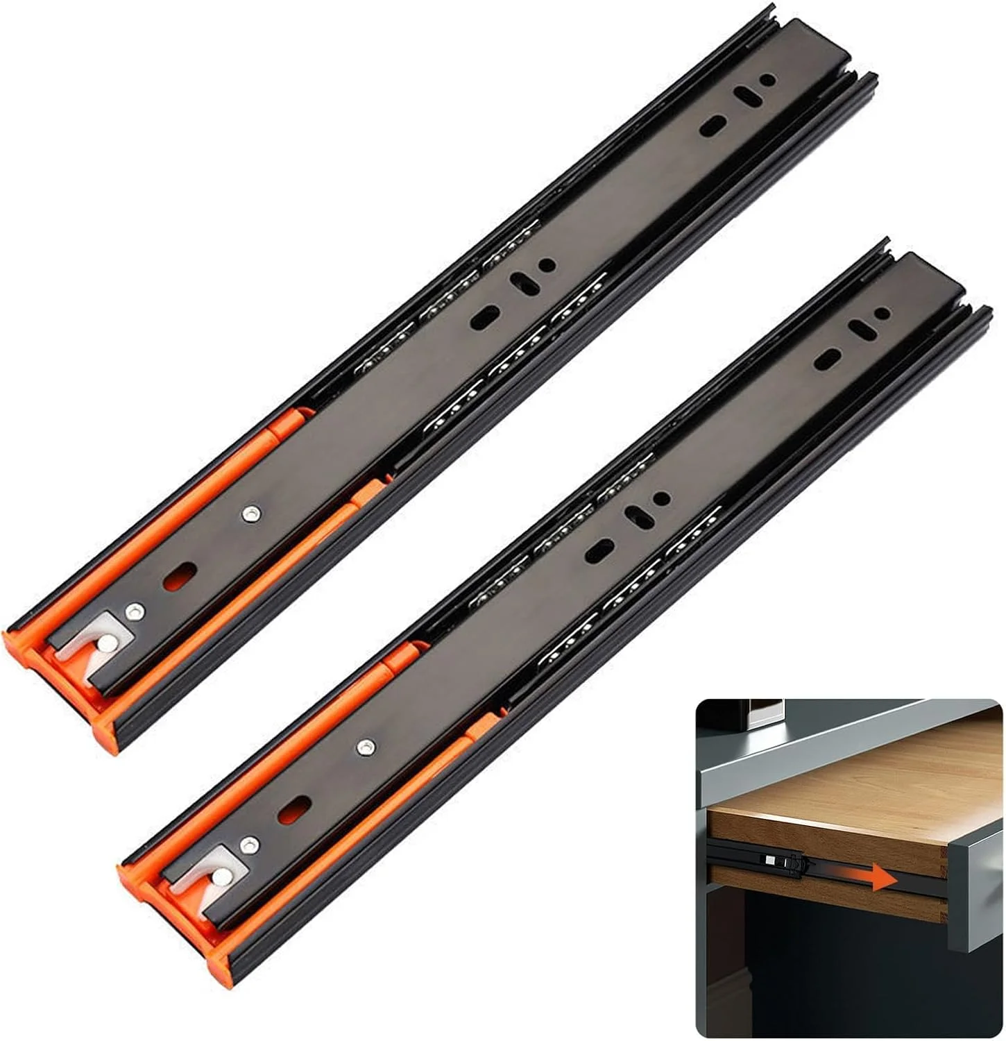 ریل کشویی سنگین Excefore، راهنمای ریل کشو با ظرفیت بار 90 کیلوگرم، بسته شدن خودکار، باز شدن کامل با ریل های بلبرینگ 250 میلی متر، نصب جانبی 1 جفت مشکی