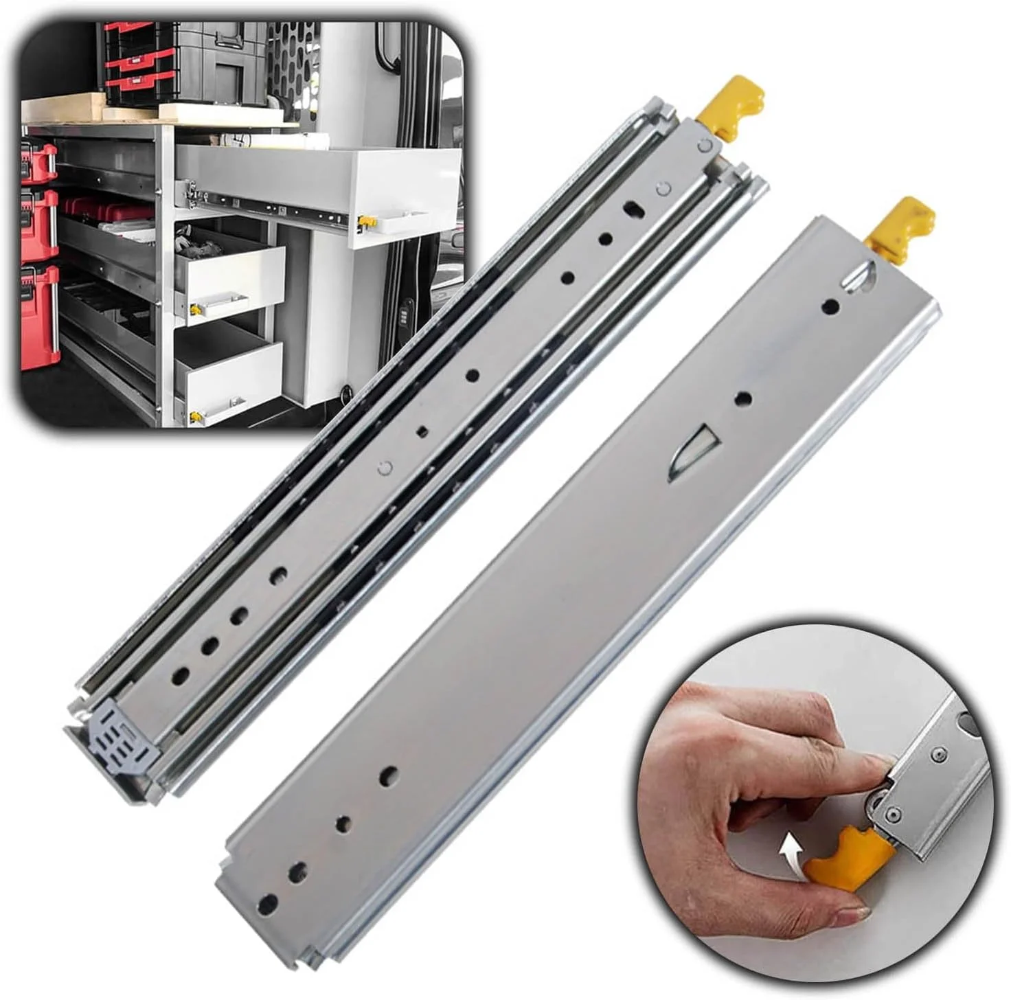 ریل کشویی فلزی، 3 تایی تاشو با بلبرینگ با قابلیت باز شدن کامل، ریل های کشویی نصب شده در کنار با قفل، برای حرکت نرم و صدای کم، 1 جفت)) (120 سانتی متر)