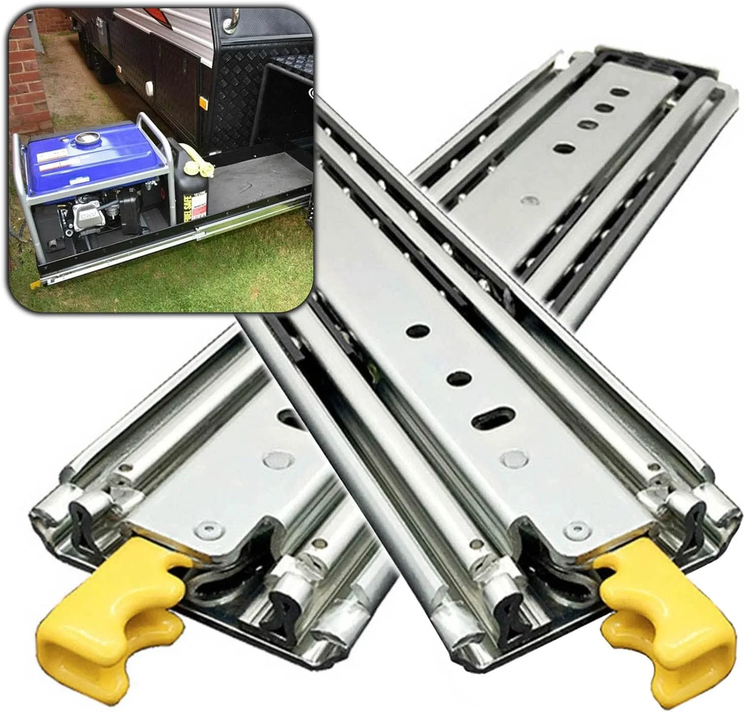 ریل کشویی سنگین، با قفل، باز شدن کامل، نصب جانبی، ریل کشو بلبرینگ 100، 110، 120، 130، 140، 150، 160، 170، 180، 190، 200 سانتی متر، نصب جانبی، ارتفاع 7.6 سانتی متر، 1 جفت برای کشو کاروان (170 سانتی متر)