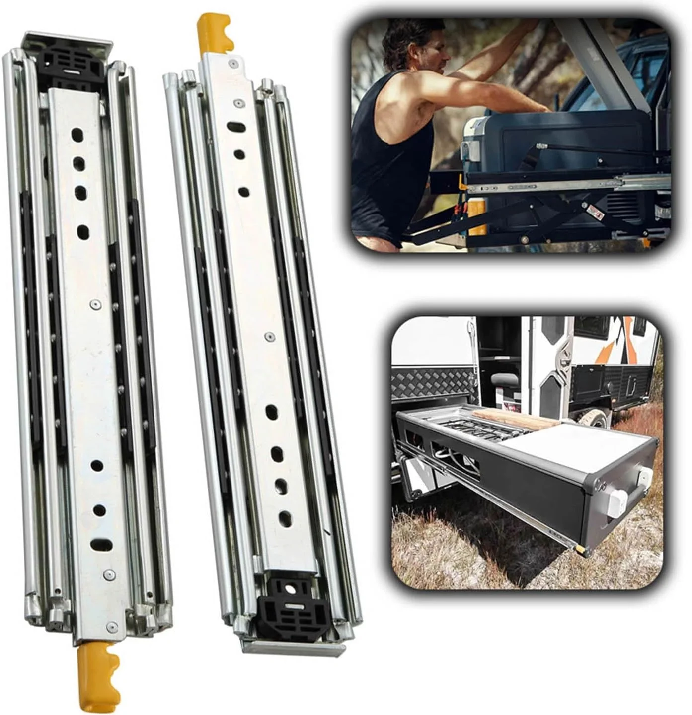 ریل کشو سنگین با قفل، سایزهای 40، 44، 48، 52، 56، 60، 64، 68، 72، 76، 80 اینچ، سه تایی با قابلیت باز شدن کامل، بلبرینگ دار، نصب جانبی، تحمل وزن 480 پوند (56 اینچ (140 سانتی متر))