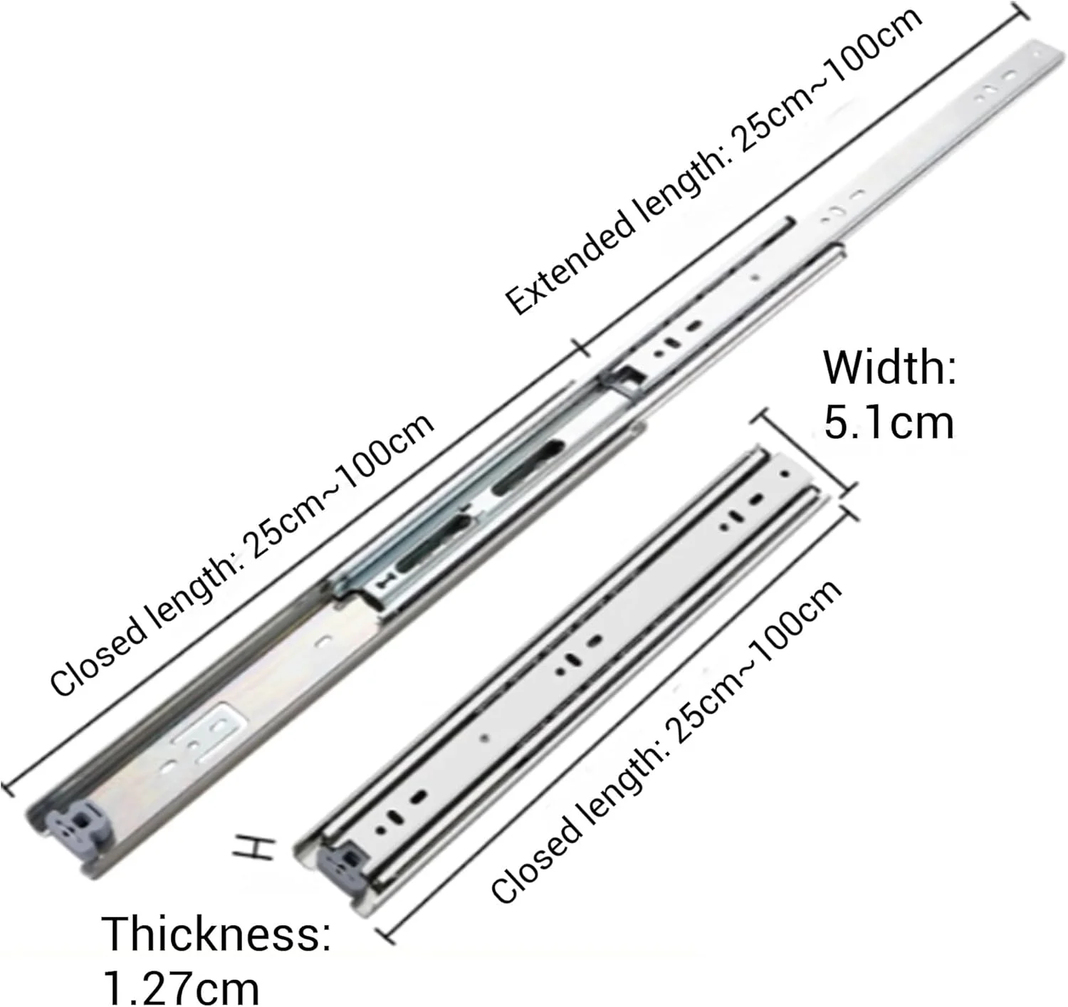 ریل کشو سنگین وزن با باز شدن کامل، نصب جانبی، در اندازه‌های 25، 30، 35، 40، 45، 50، 55، 60، 65، 70، 75، 80، 85، 90، 95 و 100 سانتی‌متری، ریل‌های فلزی، راهنما، لغزنده، یک جفت (بدون قفل)(45cm)