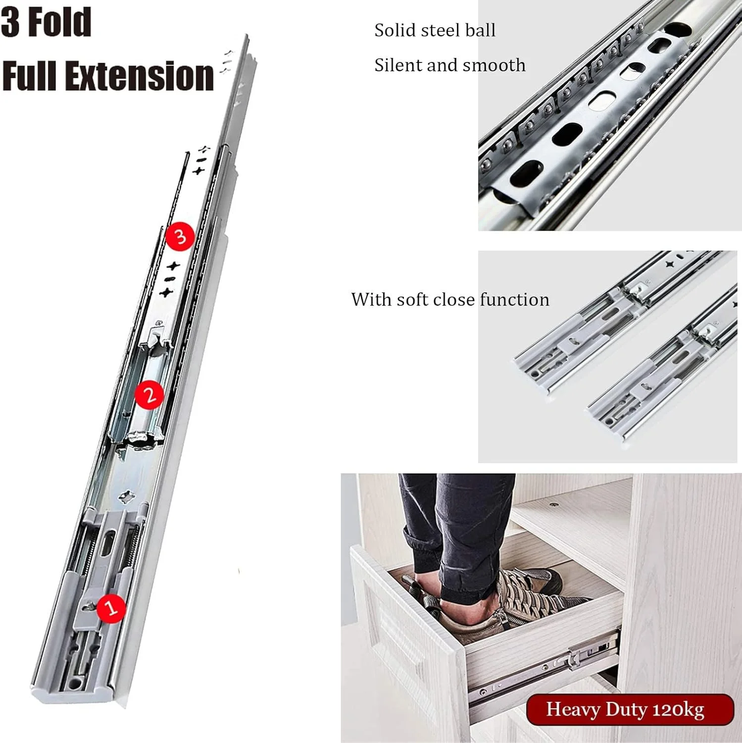 ریل کشو 300 تا 800 میلی متر با مکانیزم آرام بند - یک جفت ریل تلسکوپی فلزی سنگین - ظرفیت بار 110 کیلوگرم - ریل کشو کابینت