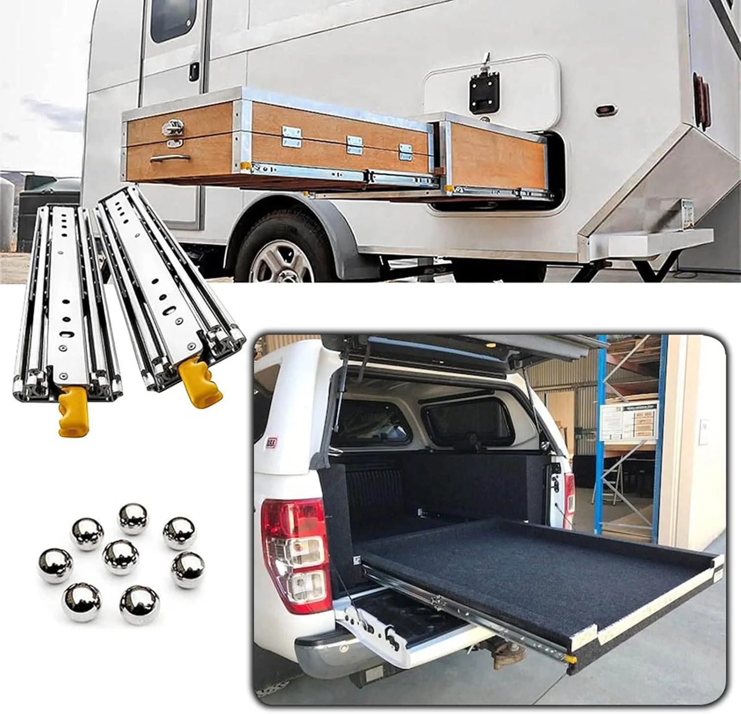 ریل کشو با قفل، ریل کشو بلبرینگ فولادی با قابلیت باز شدن کامل، سایزهای 40 44 48 52 56 60 64 68 72 76 80 اینچ، نصب جانبی، ظرفیت بار 480 پوند، 1 جفت (64 اینچ (160 سانتی متر))