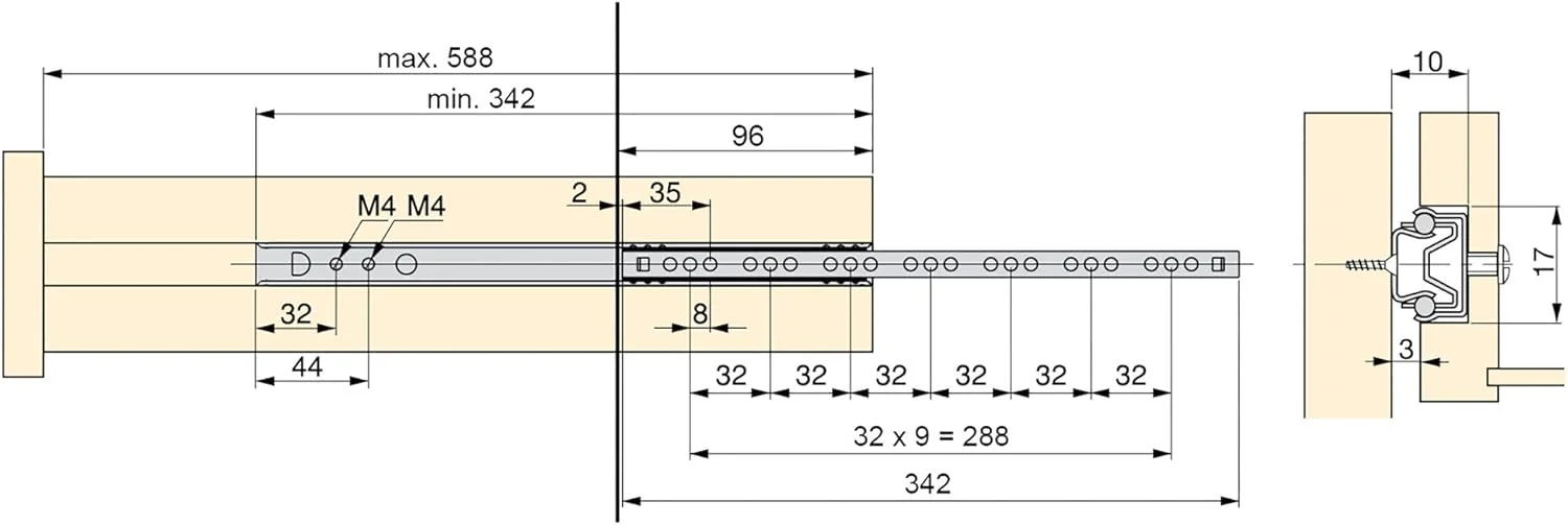Emuca - ست 5 جفتی (10 عددی) ریل کشویی بلبرینگی با بازشوندگی نیمه، 17 میلی متر در 342 میلی متر، روکش زینک