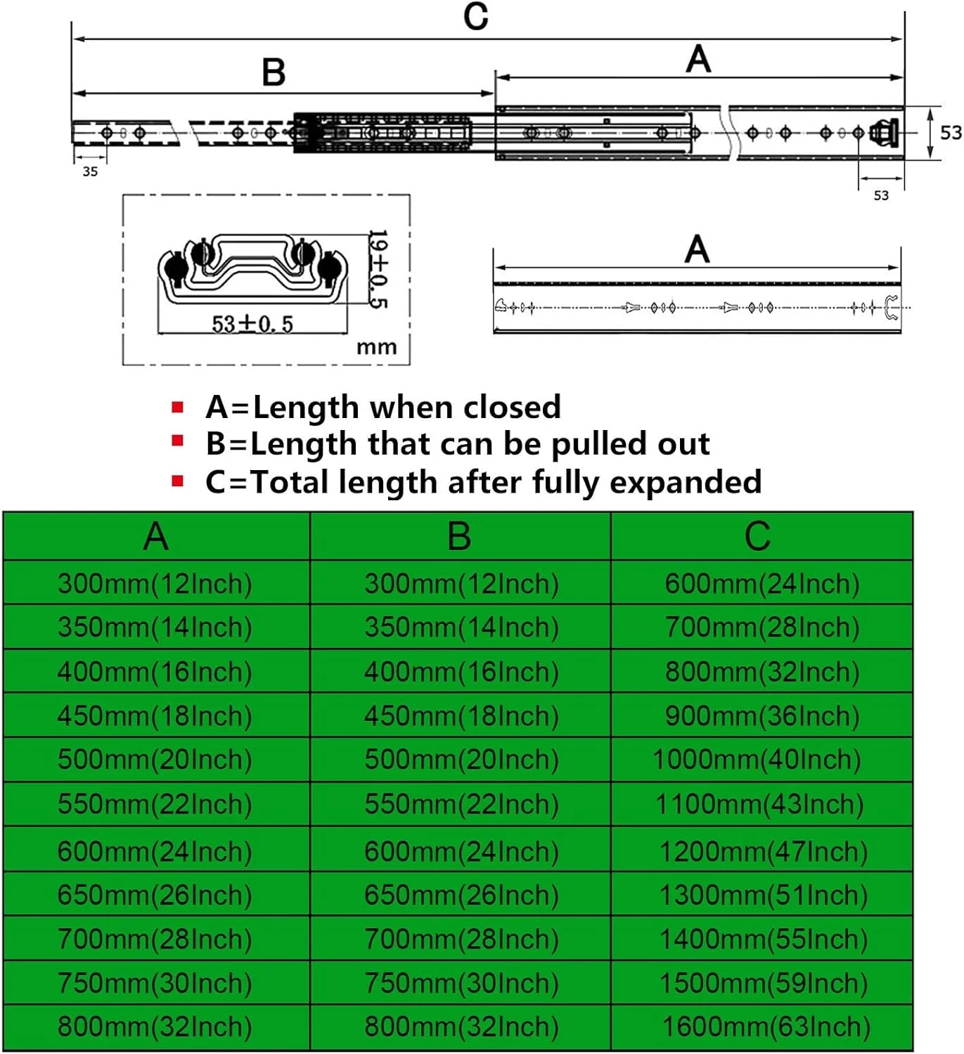 ریل کشو 300 تا 800 میلی متر با مکانیزم آرام بند - یک جفت ریل تلسکوپی فلزی سنگین - ظرفیت بار 110 کیلوگرم - ریل کشو کابینت