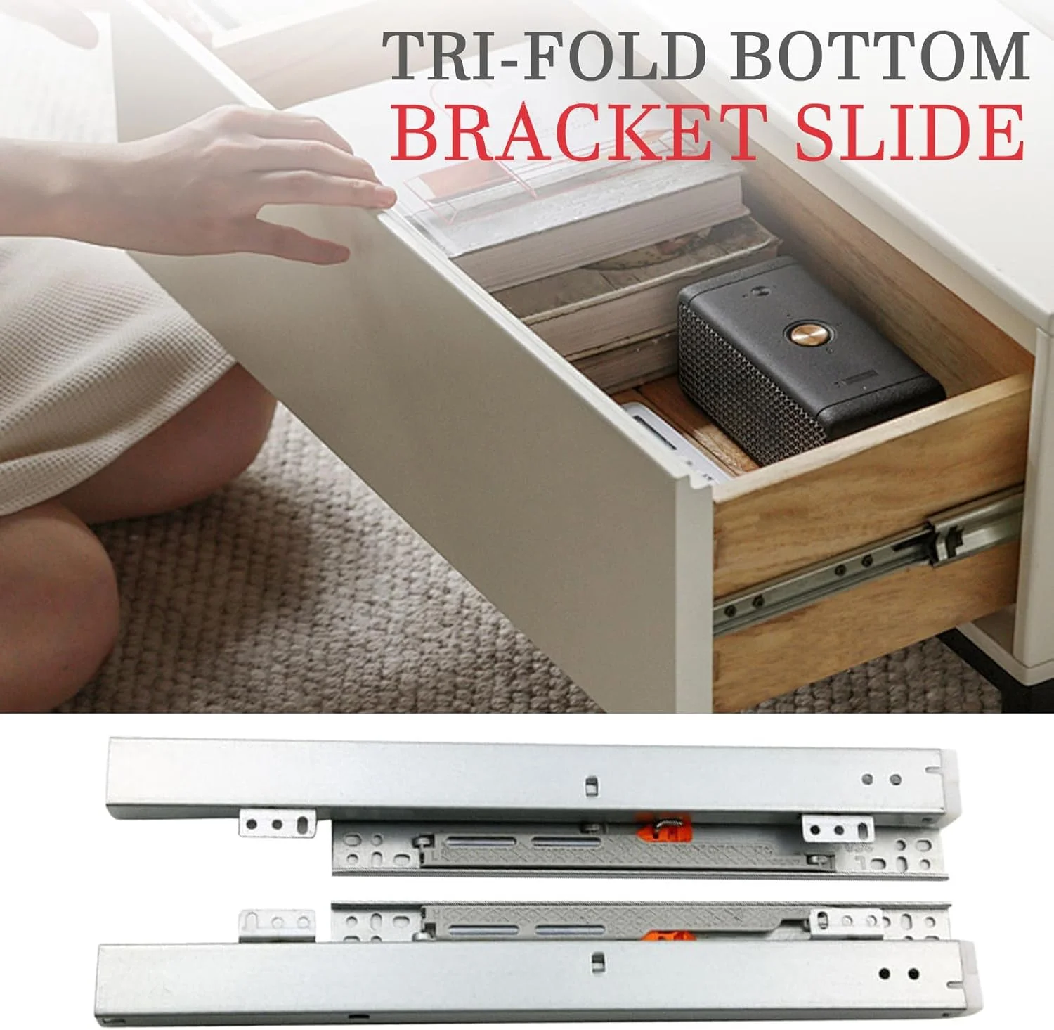 ریل کشو، ریل های کابینت با مکانیزم آرام بند - ریل کشویی سه تایی با مکانیزم آرام بند برای اتاق پرو، نانوایی، آشپزخانه