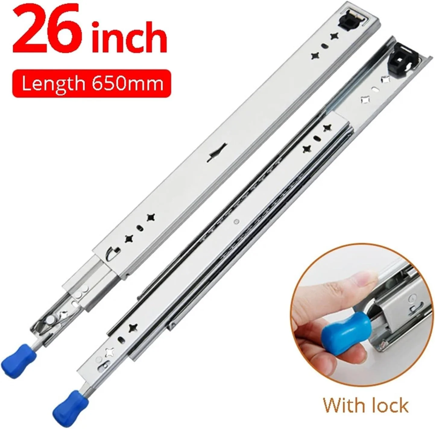 ریل کشو قفل دار 25 تا 125 سانتی متری بلبرینگ سه تایی با قابلیت باز شدن کامل، ریل کشو سنگین