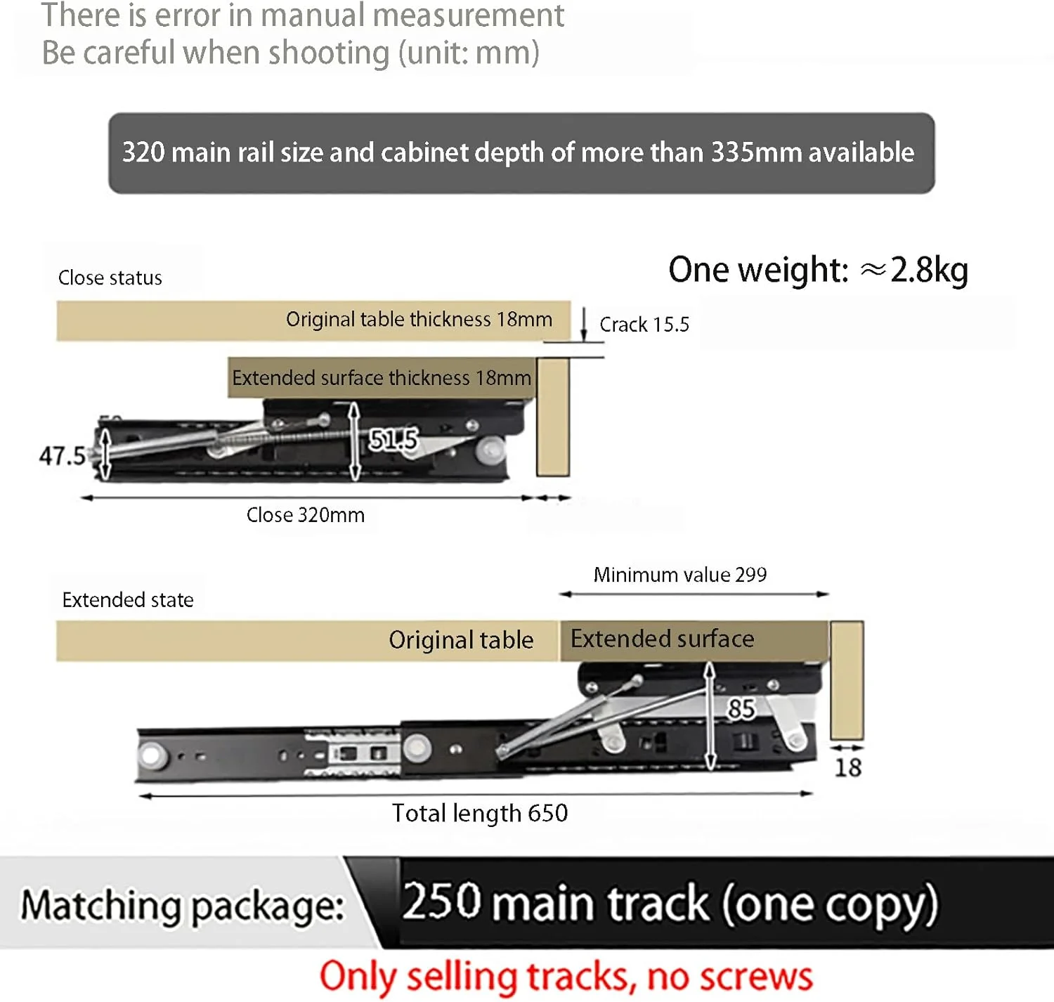 ریل کشویی میز بالابر (مسیر 25-52 سانتی متر)، محکم شده با فنر، چند مسیره با بلبرینگ لغزنده/بی صدا و روان + تحمل بار 40 کیلوگرم، برای گسترش فضا، 32 میلی متر