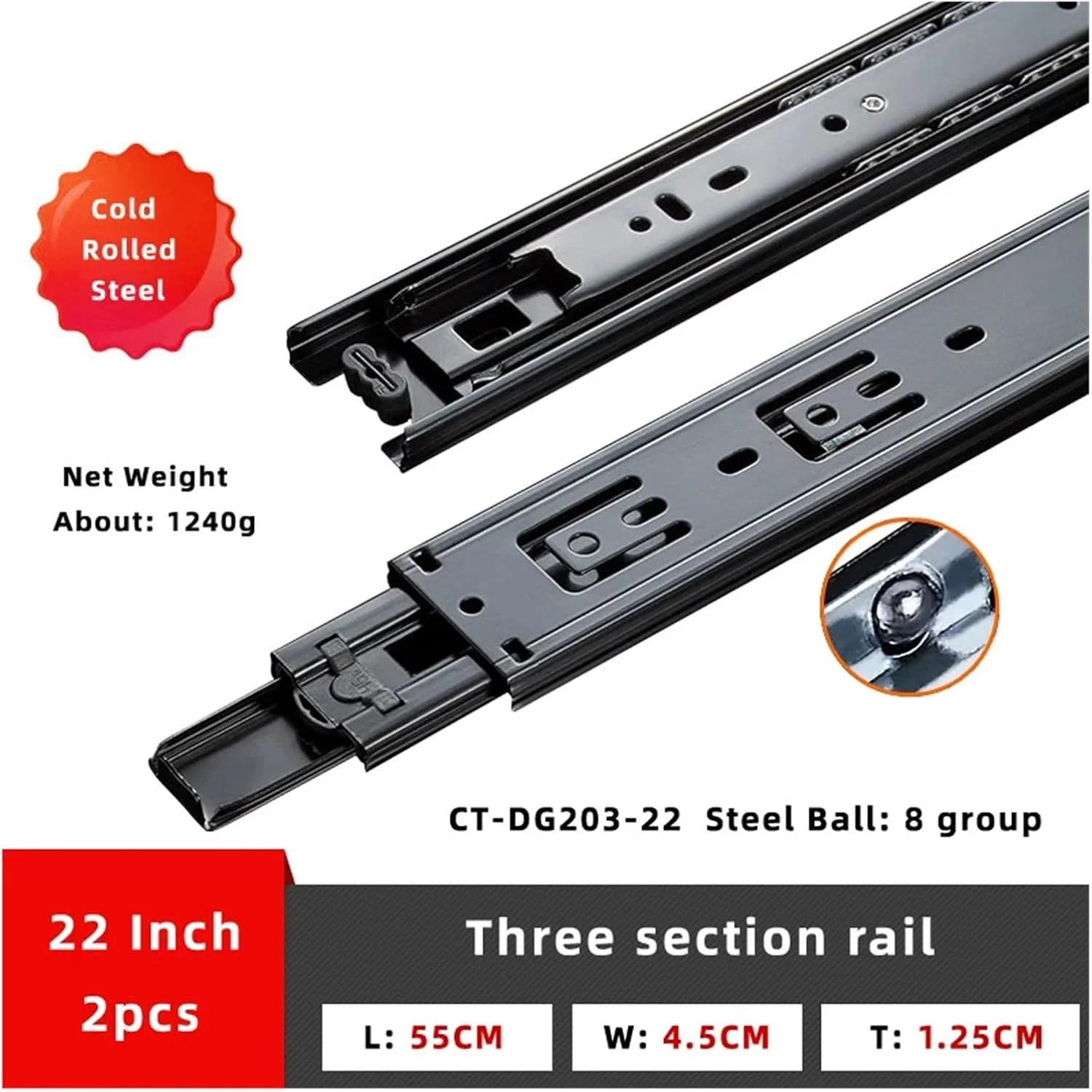 ریل کشو مشکی فولاد نورد سرد، ریل کشویی سه تکه 8 تا 20 اینچ، ریل های کشویی 3 طرفه (Dg203 22 اینچ)