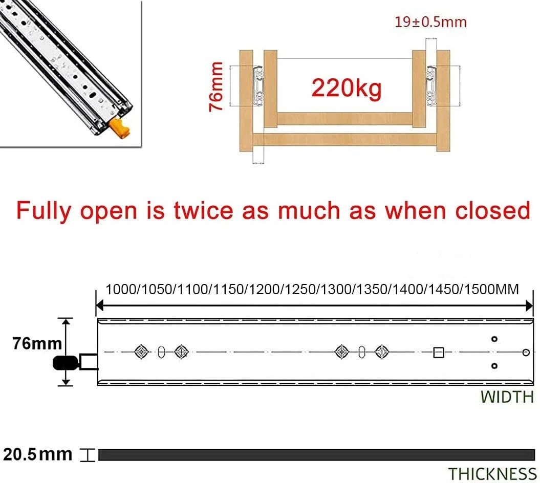 یک جفت ریل کشو فوق سنگین 1000 1050 1100 1150 1200 1250 1300 1350 1400 1450 1500 میلی‌متری با قفل، پهنای 76 میلی‌متر، بارگیری 220 کیلوگرم (تک رنگ 1300 میلی‌متر (52 اینچ))
