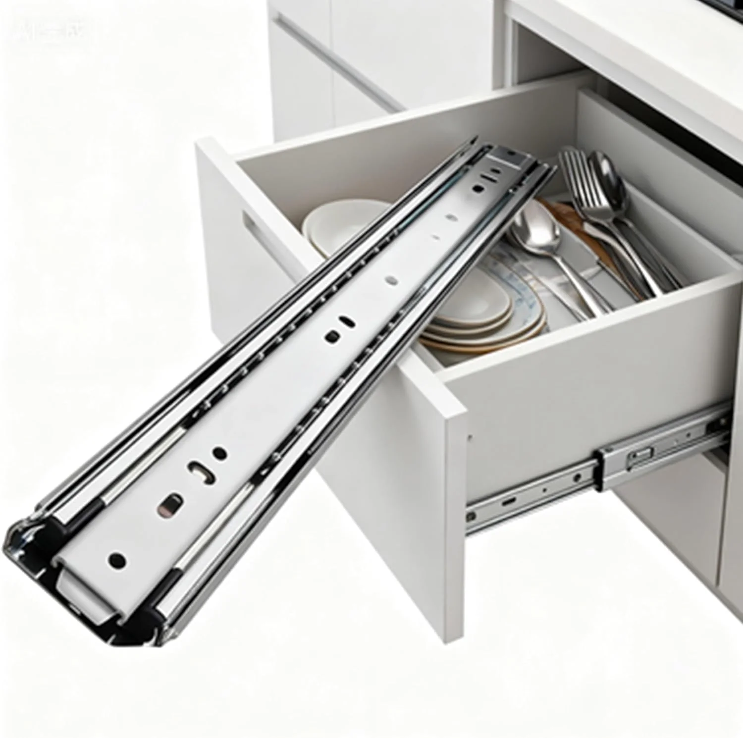 ریل کشو تلسکوپی آرام بند با ظرفیت بار تا 60 کیلوگرم، باز شدن کامل سه زمانه، بلبرینگ دار، نصب جانبی، یک جفت (بدون قفل) (65 سانتی متر)