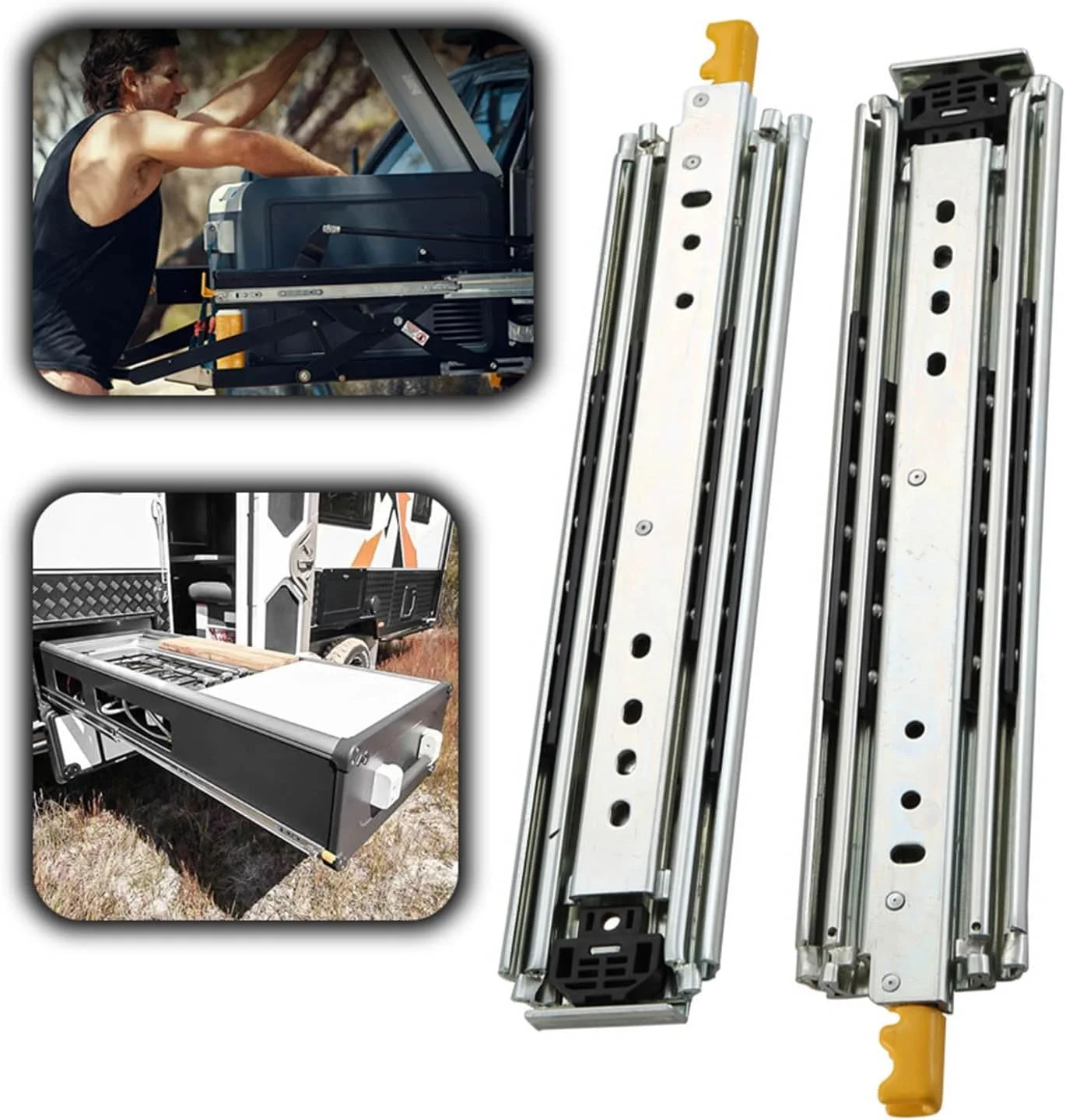 دو عدد ریل کشو قفل دار، سایزهای 40 44 48 52 56 60 64 68 72 76 80 اینچ بلبرینگ نصب جانبی با باز شدن کامل، مناسب برای کابینت ابزار و تجهیزات بزرگ (52 اینچ (130 سانتی متر))