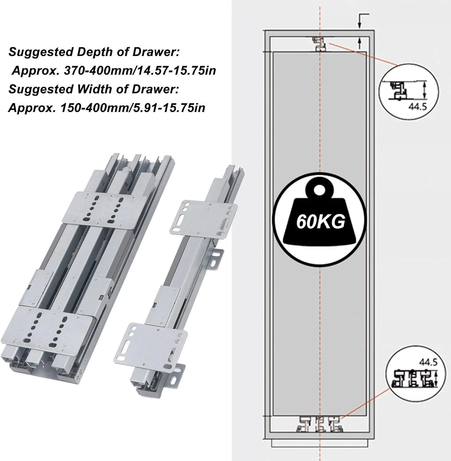 ریل کشویی فولادی نورد سرد 60 کیلوگرمی Eujgoov با عملکرد پد میرایی برای کابینت ها و کمدها