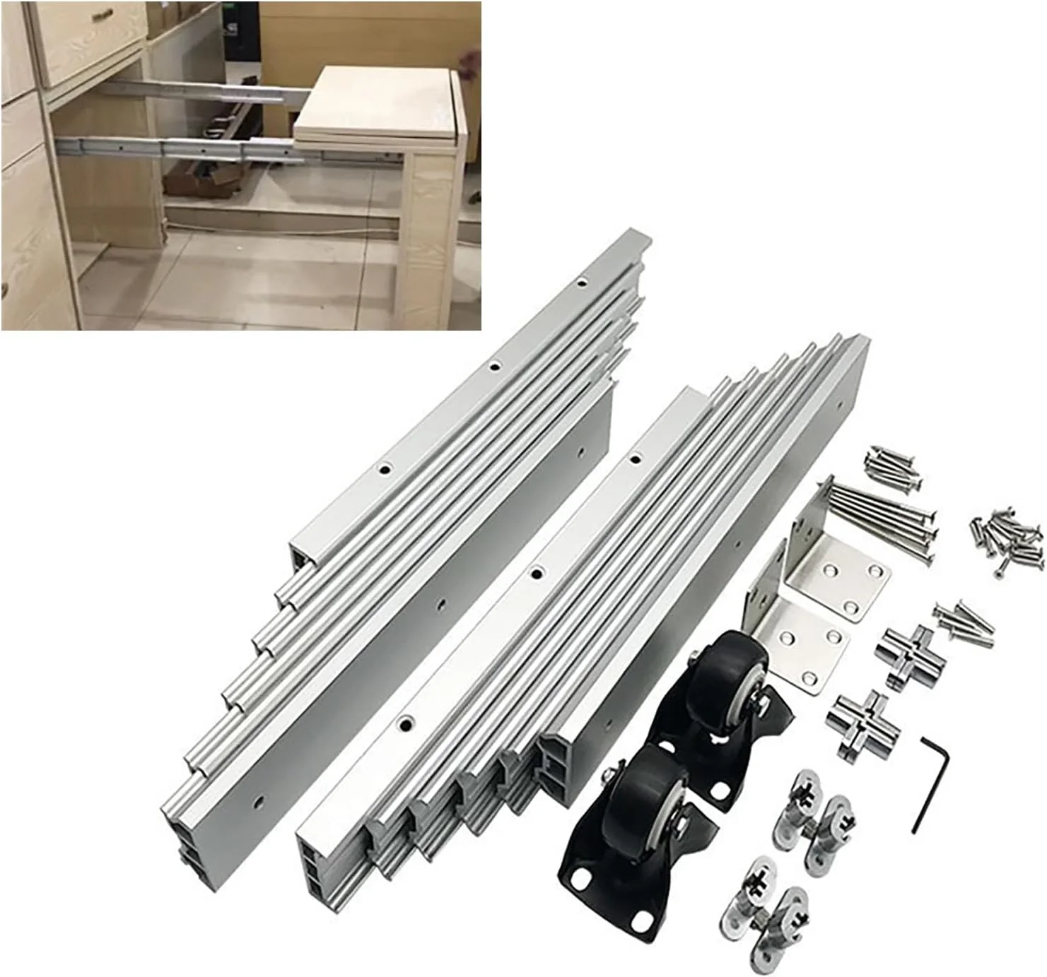 لولا ریلی کشویی تاشو با قابلیت افزایش طول کامل برای میز ناهارخوری و کانتر آشپزخانه - لوازم جانبی سخت افزاری ریل 1270 میلی متری برای میزها و کانترهای مخفی