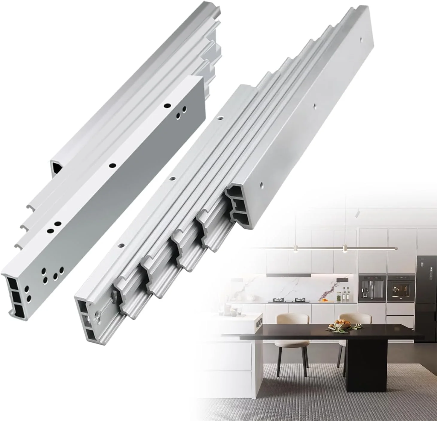 ریل کشویی میز ناهارخوری بلبرینگ با قابلیت باز شدن کامل به همراه چرخ‌های بی‌صدا مناسب برای کمد دیواری اتاق خواب، 1270 میلی‌متر