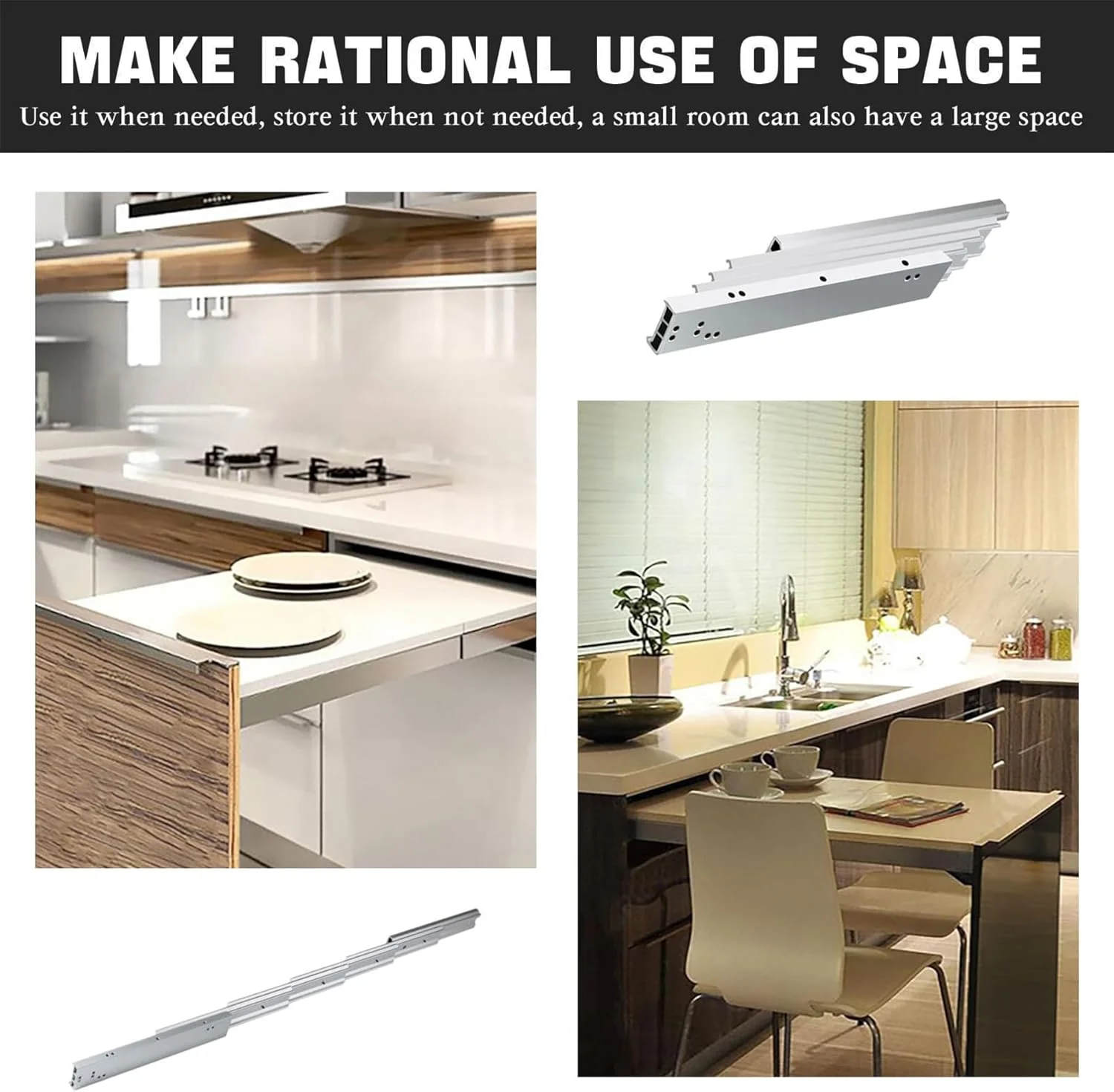 ریل لولای میز کابینت تلسکوپی آلومینیومی، اسلاید میز کشویی، میله ریل میز ناهارخوری نوع کشویی برای میز پنهان، میز آشپزخانه، 1450 میلی متر