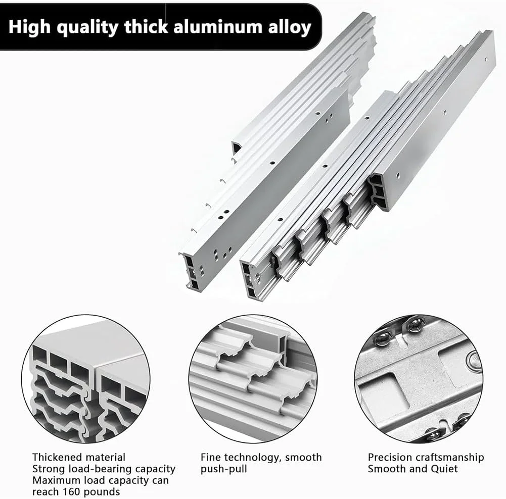 ریل تاشو کامل میز، سه سایز ریل کشو آلومینیومی، لولای ریلی میز کابینت تاشو با چرخ های بی صدا، سخت افزار اسلاید اتصال میز (نقره ای 1270 میلی متر)