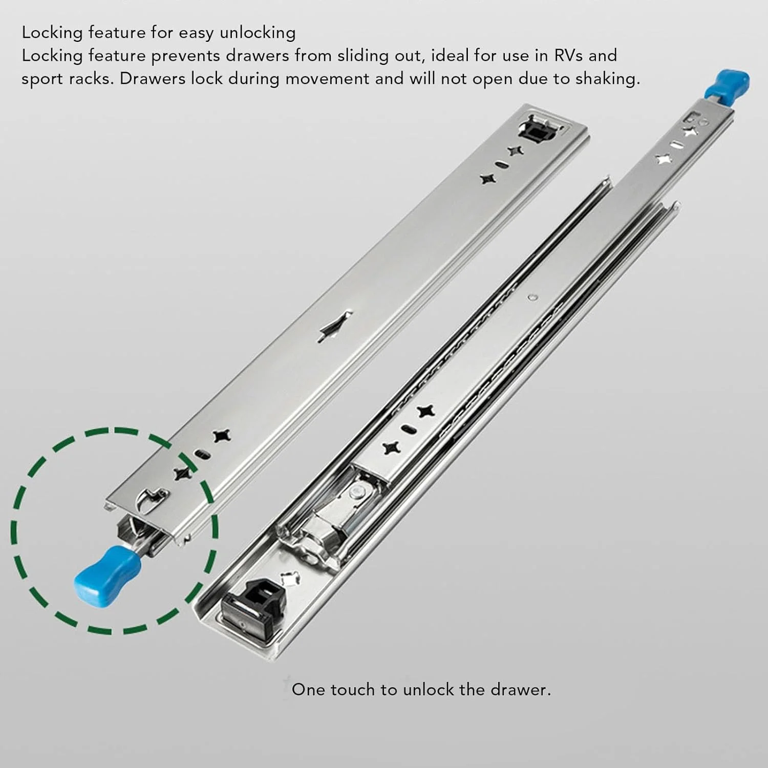 یک جفت ریل کشو قفل‌دار 30 سانتی‌متری با عرض 53 میلی‌متر، سه تکه، ریل کشو سنگین برای قفسه‌ها، کابینت‌ها، RVها و کامیون‌ها