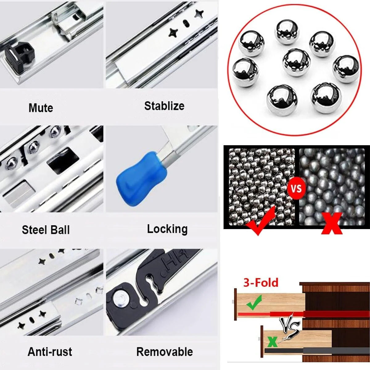 ریل کشو سنگین - یک جفت قفل دار با ظرفیت 120 کیلوگرم، بازشوندگی کامل 250-1500 میلی متر، مناسب برای میزهای کشویی، جعبه ابزار، نصب جانبی (1300 میلی متر / 52 اینچ)