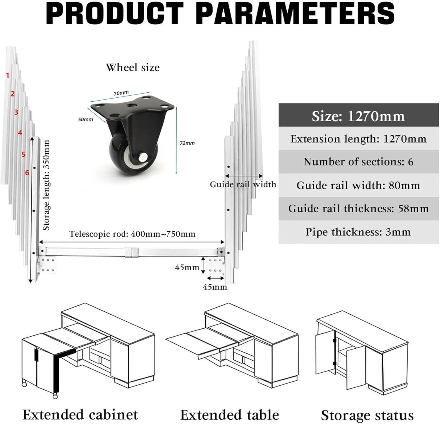 ریل اسلاید میز ناهارخوری نوع کشویی آلومینیومی، ریل های کابینت نصب شده در کنار با قابلیت باز شدن کامل، ریل میز تاشو چند قسمتی، سخت افزار خانگی، 1270 میلی متر