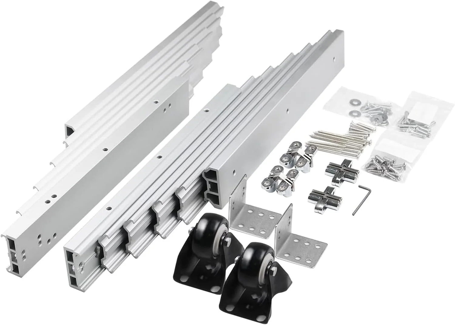 ریل تلسکوپی میز با حرکت کامل و چرخ‌های بی‌صدا، راهنمای ریلی کابینت آلومینیومی برای میز و کانتر آشپزخانه (نقره‌ای 1270 میلی‌متر)