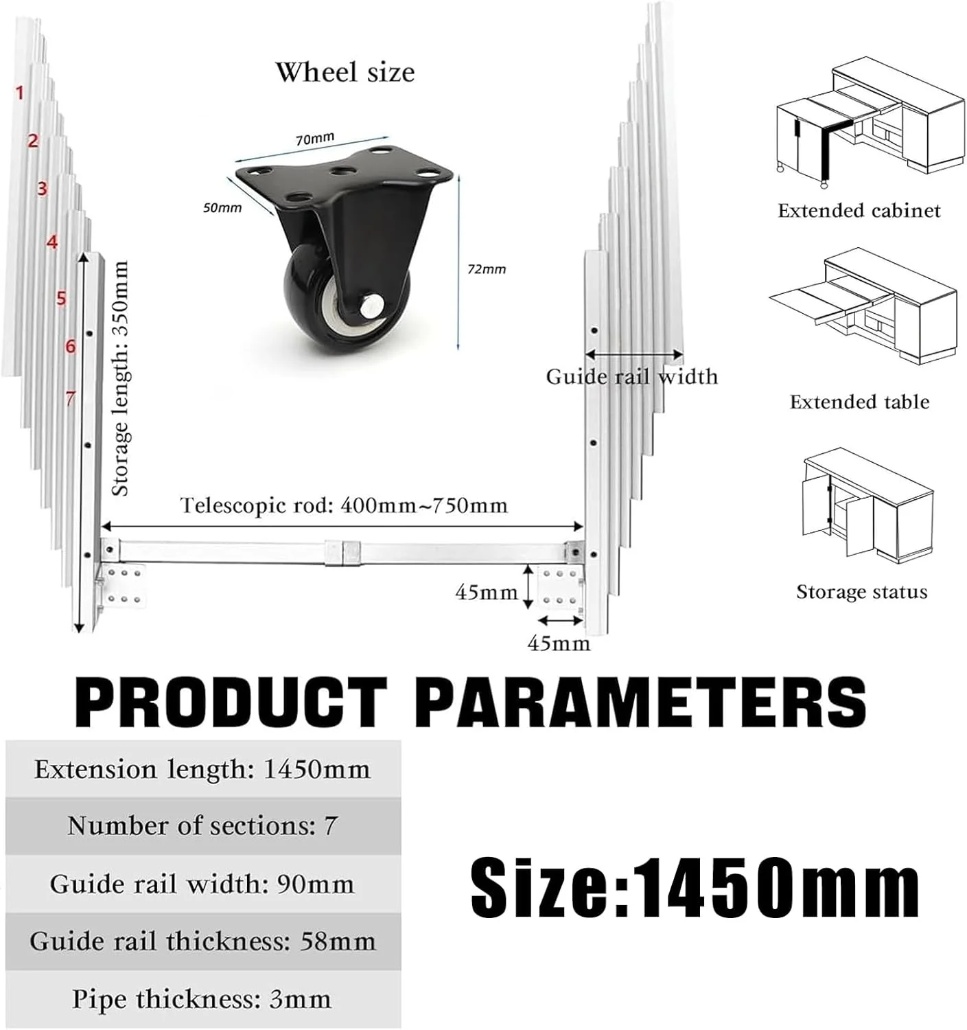 Countertop Extension Slide with Silent Wheels Aluminum Telescopic Cabinet Table Guide Rail, Concealed Table Desk Kitchen Countertop for Table Kitchen Countertop,1450mm Countertop Extension Slide with Silent Wheels Aluminum Telescopic Cabinet Table Guide Rail, Concealed Table Desk Kitchen Countertop for Table Kitchen Countertop,1450mm