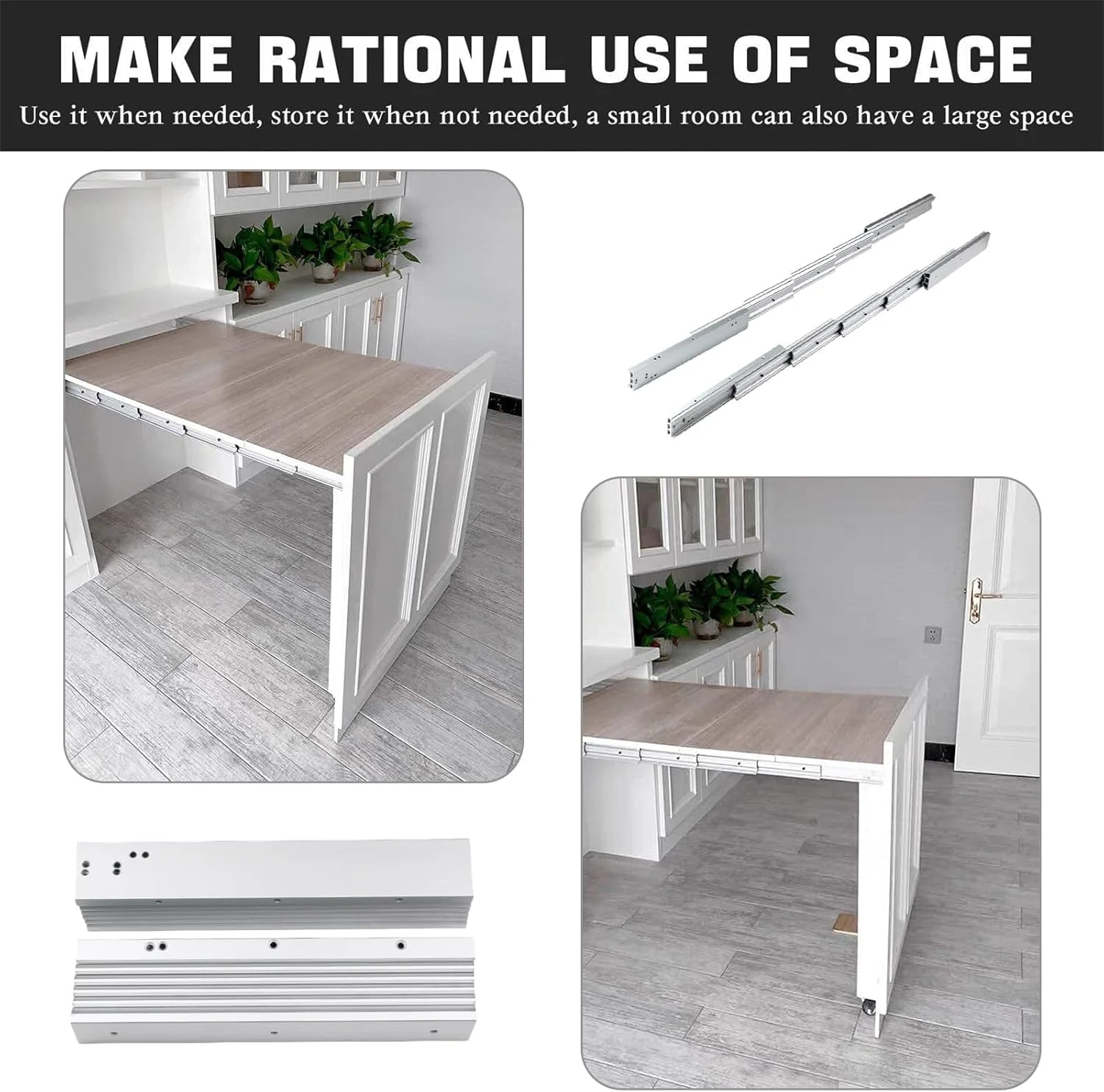 ریل کشویی میز با قابلیت باز شدن کامل، ریل های آلومینیومی کشو، صفحه میز ناهار خوری با چرخ های بی صدا، ریل های کشویی مخفی با مکانیزم بسته شدن نرم برای میز آشپزخانه، 1270 میلی متر