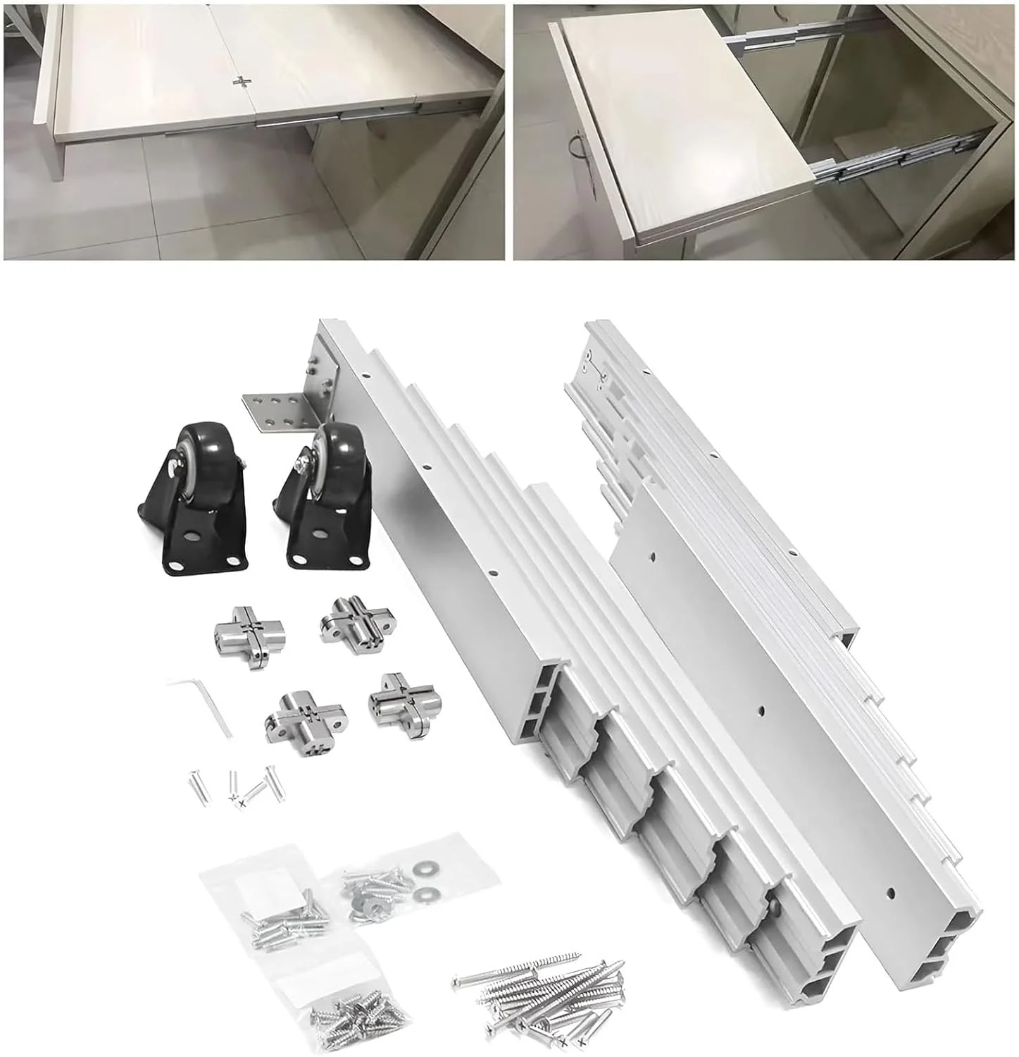 ریل میز ناهارخوری کشویی آلومینیومی، ریل کابینت نصب جانبی با بازشوندگی کامل، ریل میز ناهارخوری کشویی برای میز مخفی، میز کار و کانتر آشپزخانه، 1450 میلی متر