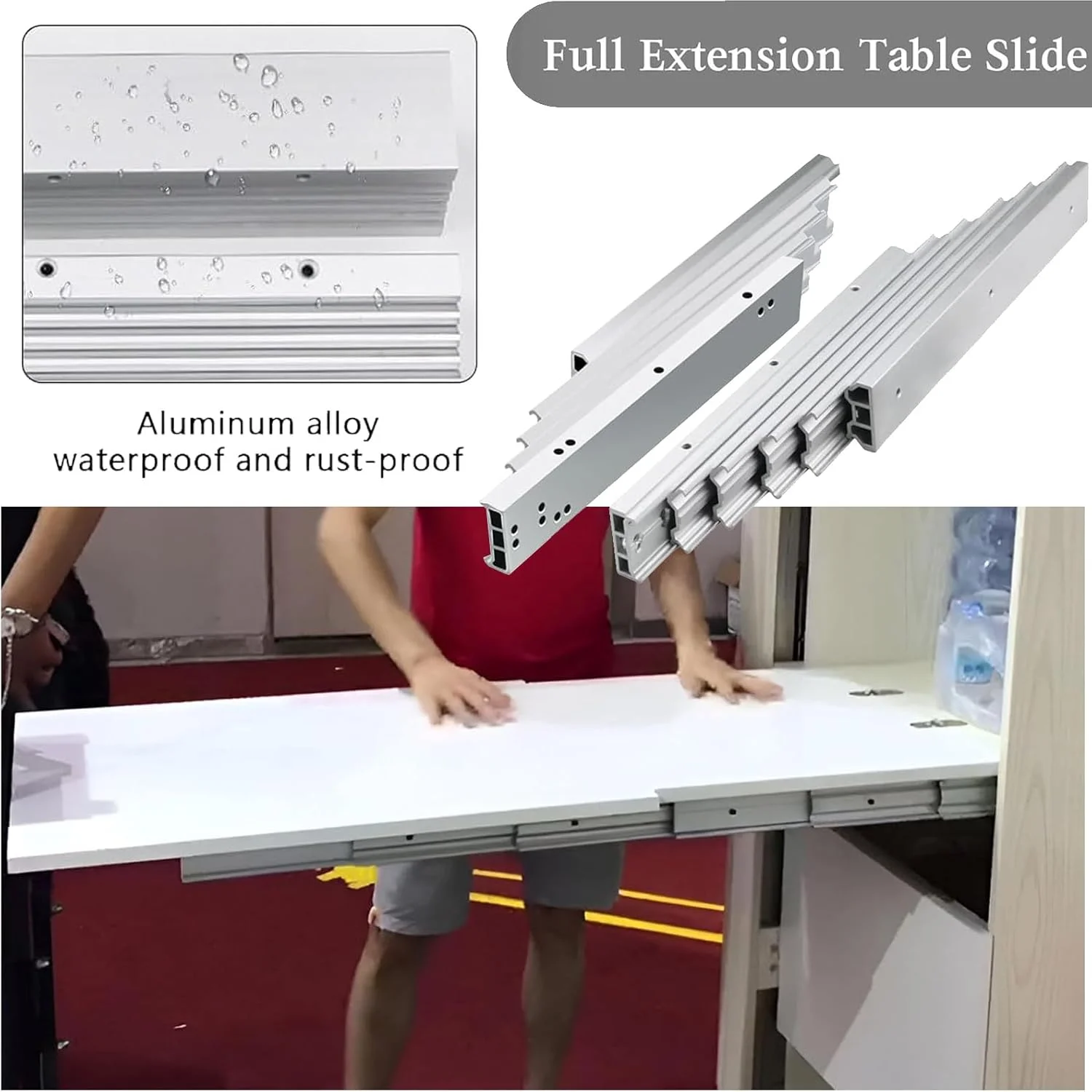 ریل میز ناهارخوری کشویی آلومینیومی، ریل کابینت نصب جانبی با بازشوندگی کامل، ریل میز ناهارخوری کشویی برای میز مخفی، میز کار و کانتر آشپزخانه، 1450 میلی متر