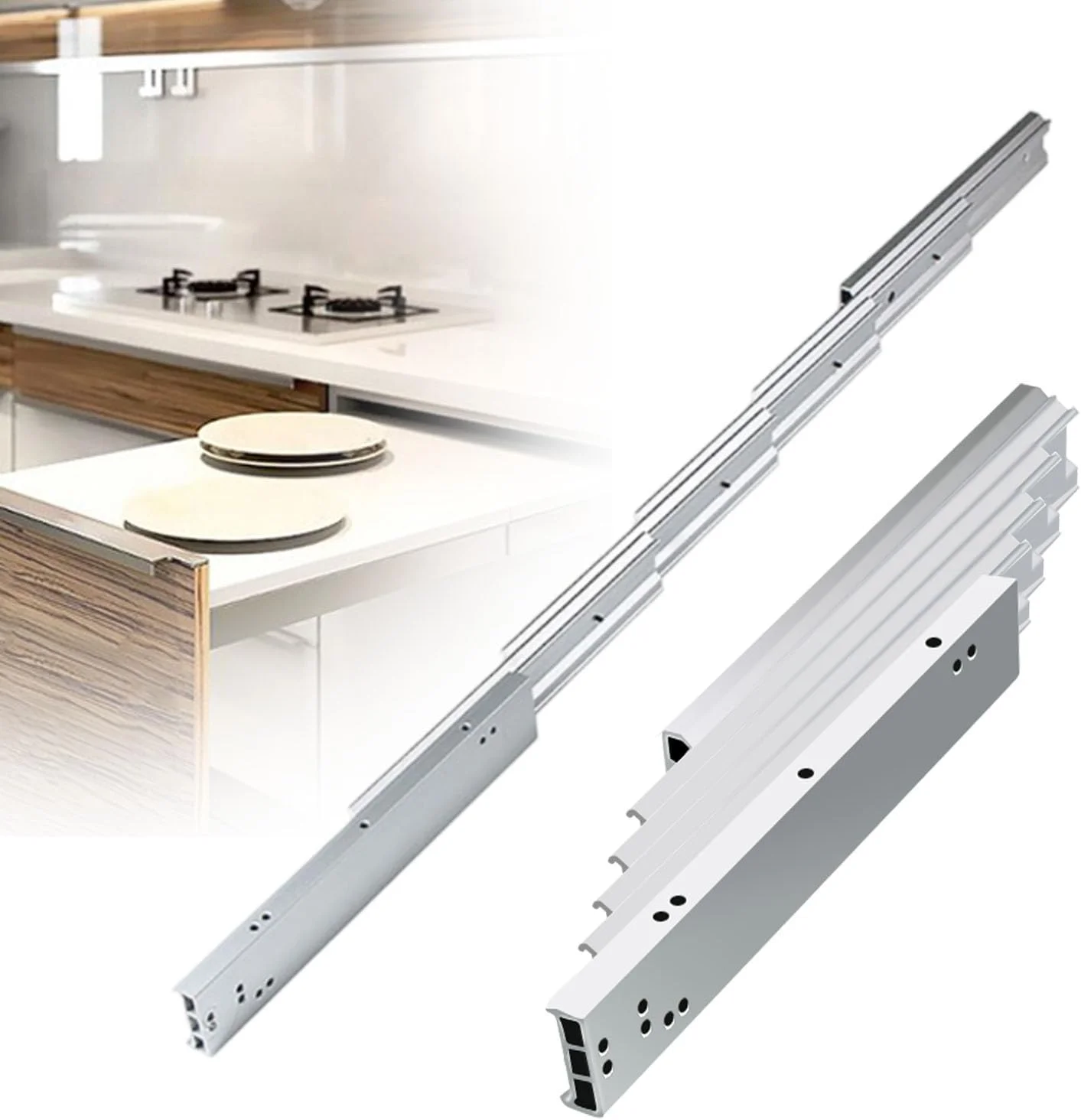ریل تلسکوپی میز با بازشوندگی کامل 127 سانتی‌متری، ریل‌های لغزنده سنگین، ریل کشو آلومینیومی با چرخ‌های بی‌صدا برای میز، پیشخوان آشپزخانه، 1450 میلی‌متر