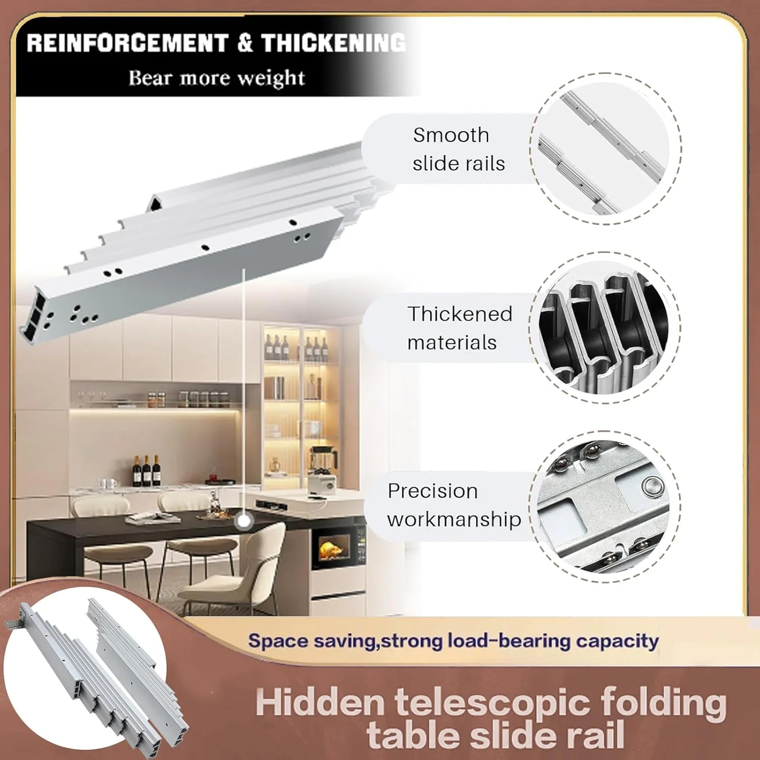 ریل میز ناهارخوری کشویی آلومینیومی، ریل کابینت نصب جانبی با بازشوندگی کامل، ریل میز ناهارخوری کشویی برای میز مخفی، میز کار و کانتر آشپزخانه، 1450 میلی متر
