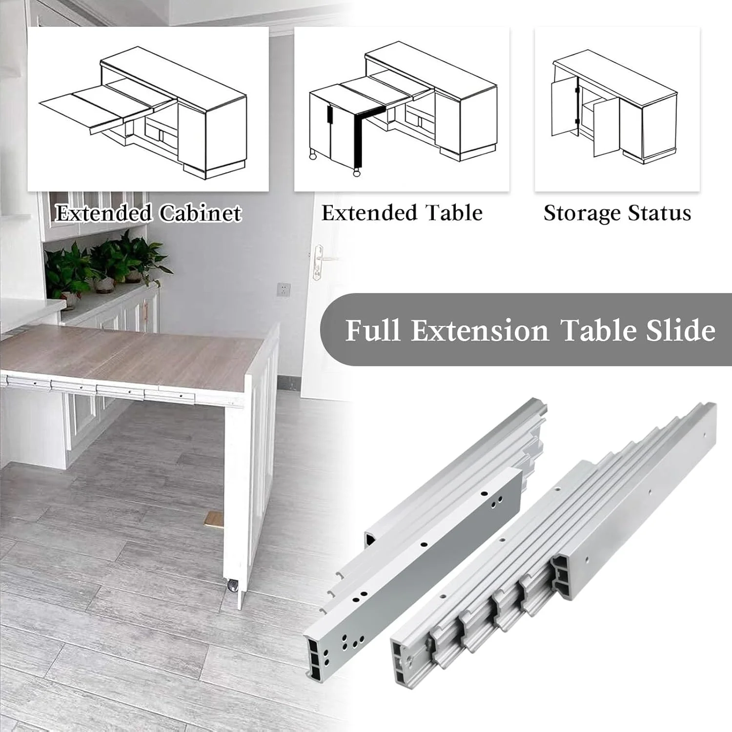 ریل میز ناهارخوری کشویی با قابلیت باز شدن کامل، ریل میله ای، ریل های چند قسمتی میز تاشو، سخت افزار خانگی، 1450 میلی متر