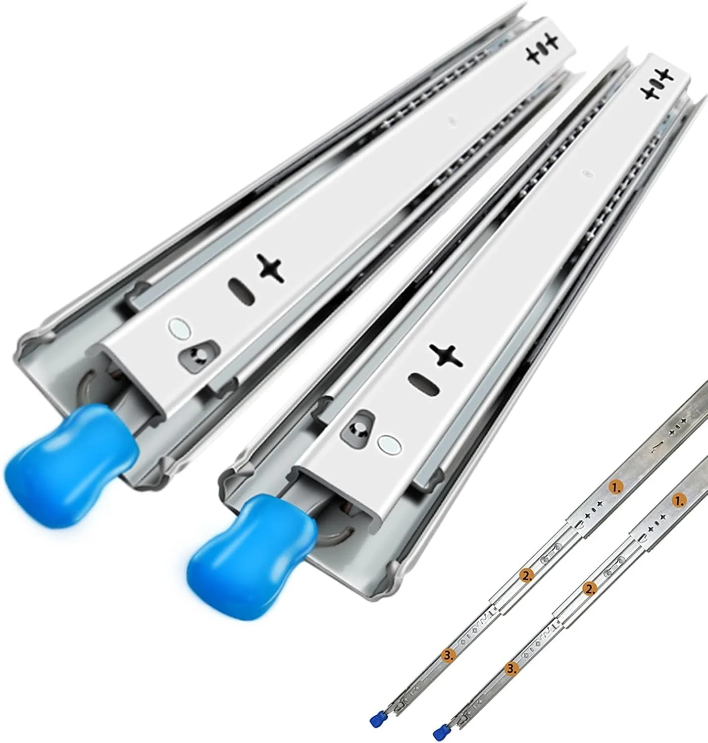 ریل کشویی سنگین - بسته 2 عددی ریل افزایش طول میز با قفل، در اندازه های 55، 80 و 105 سانتی متر، ظرفیت بار 120 کیلوگرم، جداشدنی، نصب آسان، ریل های سه تایی برای کابینت