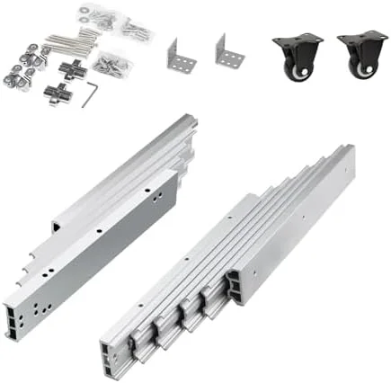 ریل کشویی میز آلومینیومی 1450 میلی متری با قابلیت باز شدن کامل، مناسب برای میزهای سنگین وزن با 2 چرخ بی صدا برای میزهای مخفی