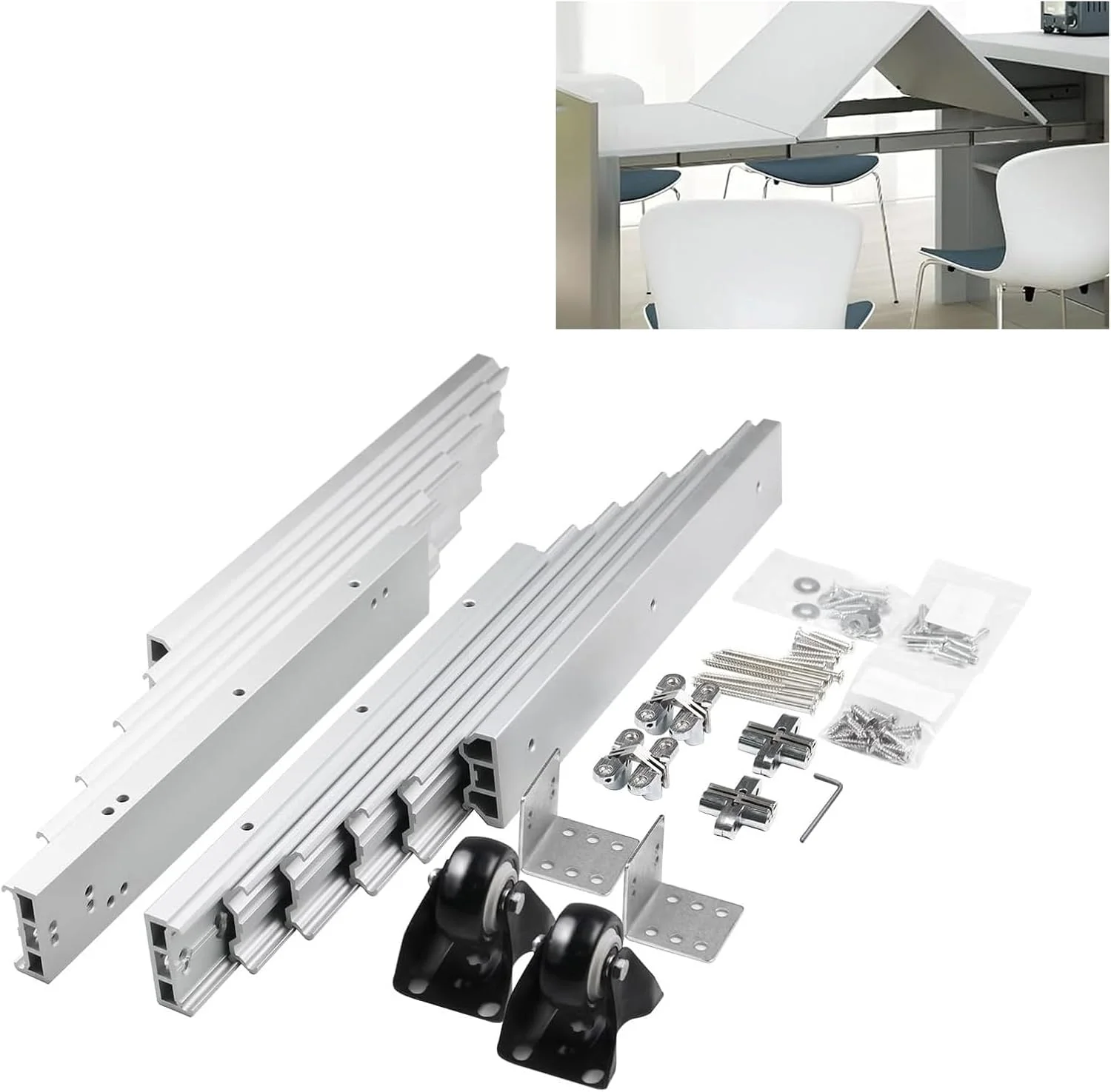 ریل کشویی کامل میز، ریل افزایش طول میز ناهارخوری با چرخ‌های بی‌صدا، سخت‌افزار کشویی تلسکوپی آلومینیومی برای میز آشپزخانه