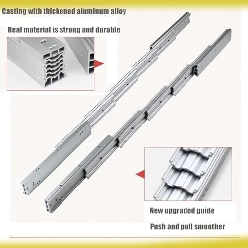 ریل کشویی میز آلومینیومی 1450 میلی متری با قابلیت باز شدن کامل، مناسب برای میزهای سنگین وزن با 2 چرخ بی صدا برای میزهای مخفی